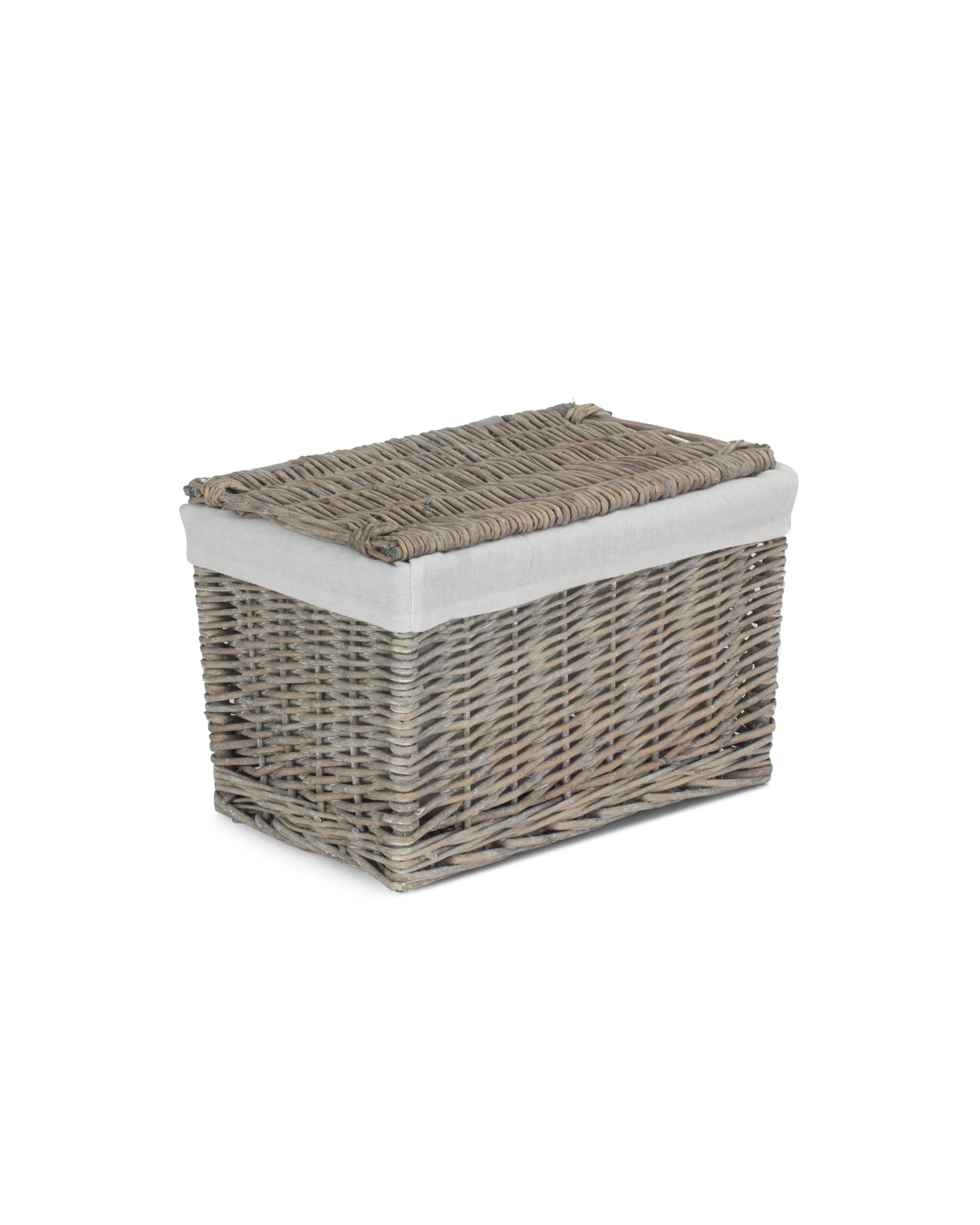 14 Inch Grey Wash Lined Wicker Storage Trunk with Lid and White Liner