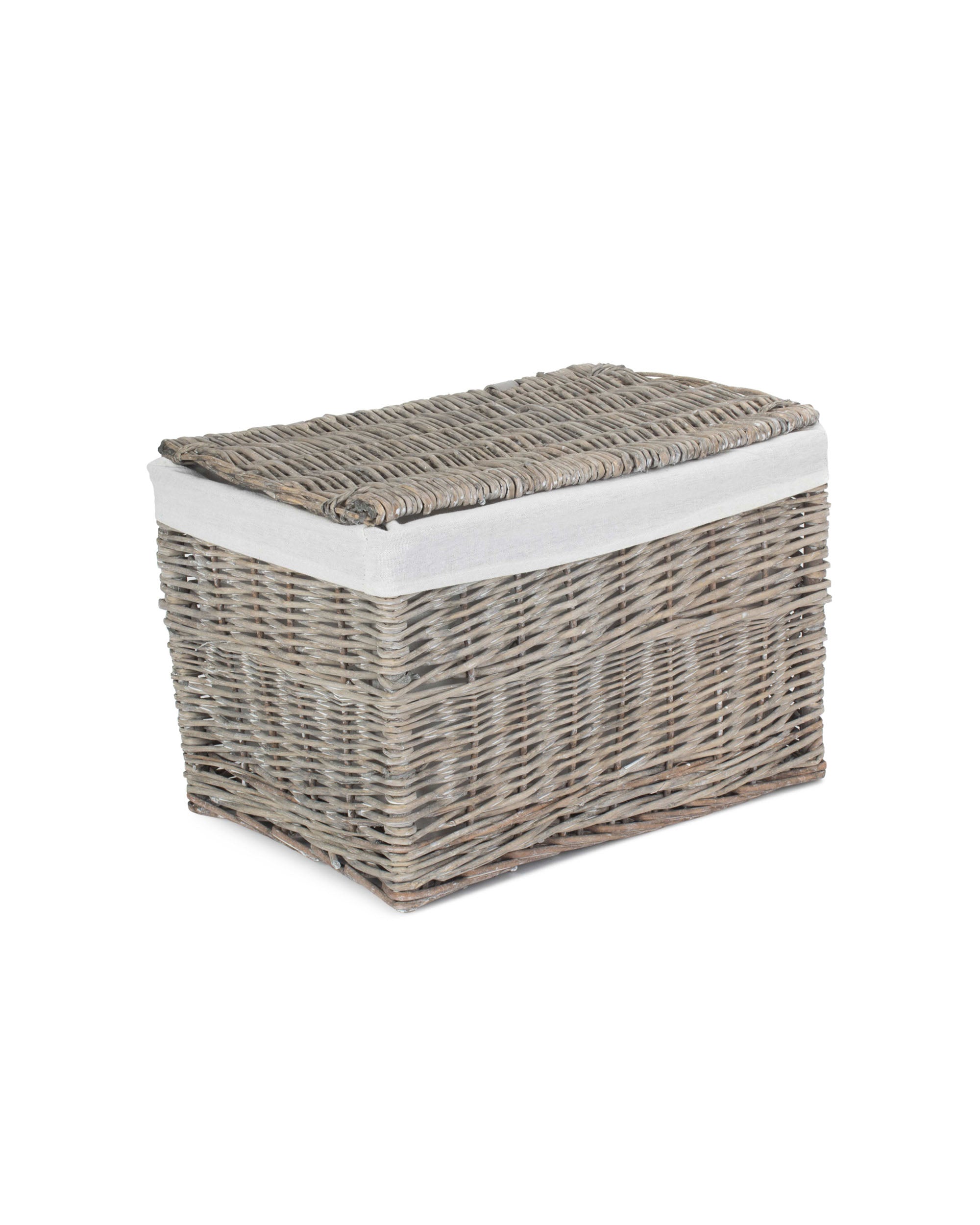 19 Inch Grey Wash Lined Wicker Storage Trunk with Lid and White Liner