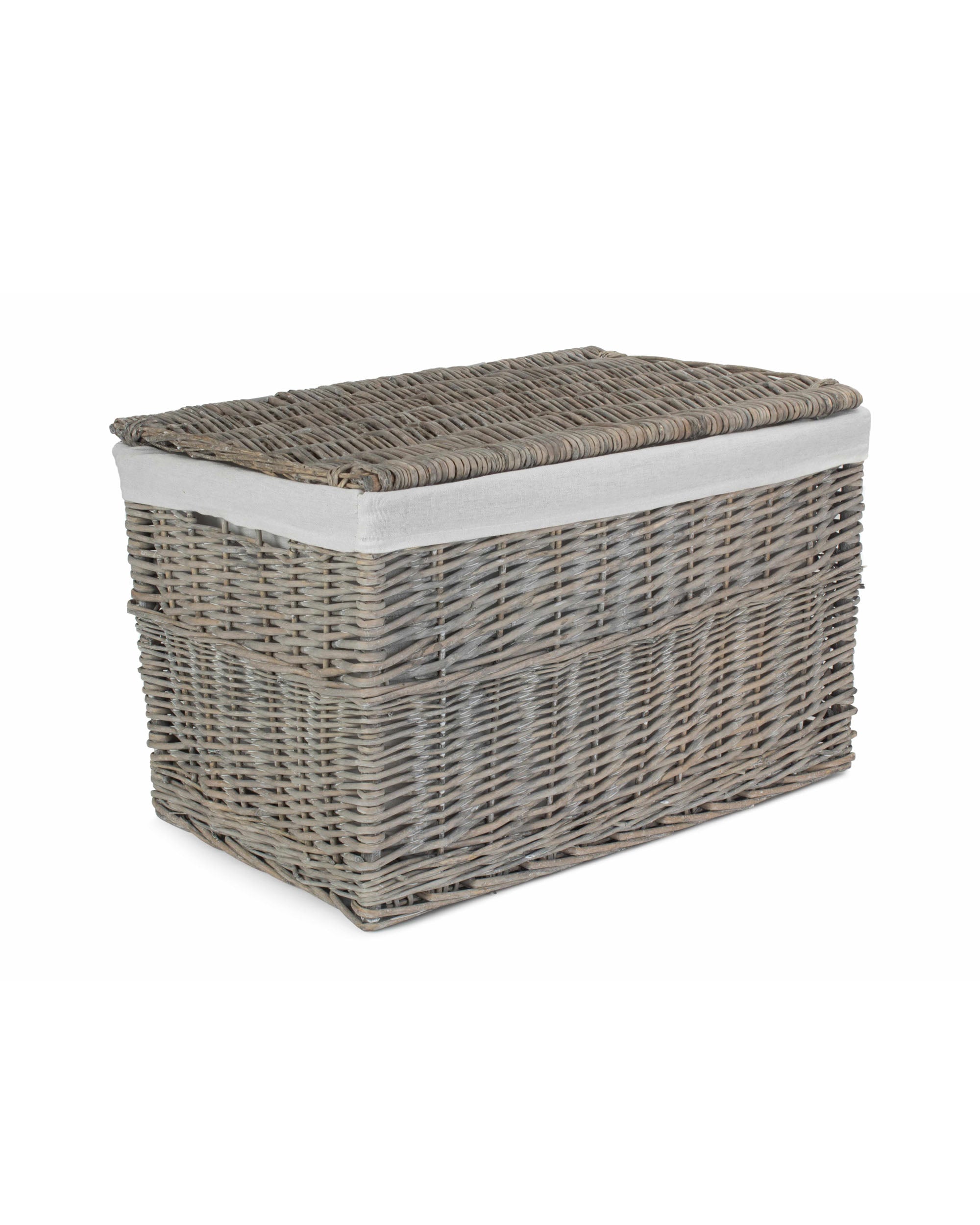 24 Inch Grey Wash Lined Wicker Storage Trunk with Lid and White Liner