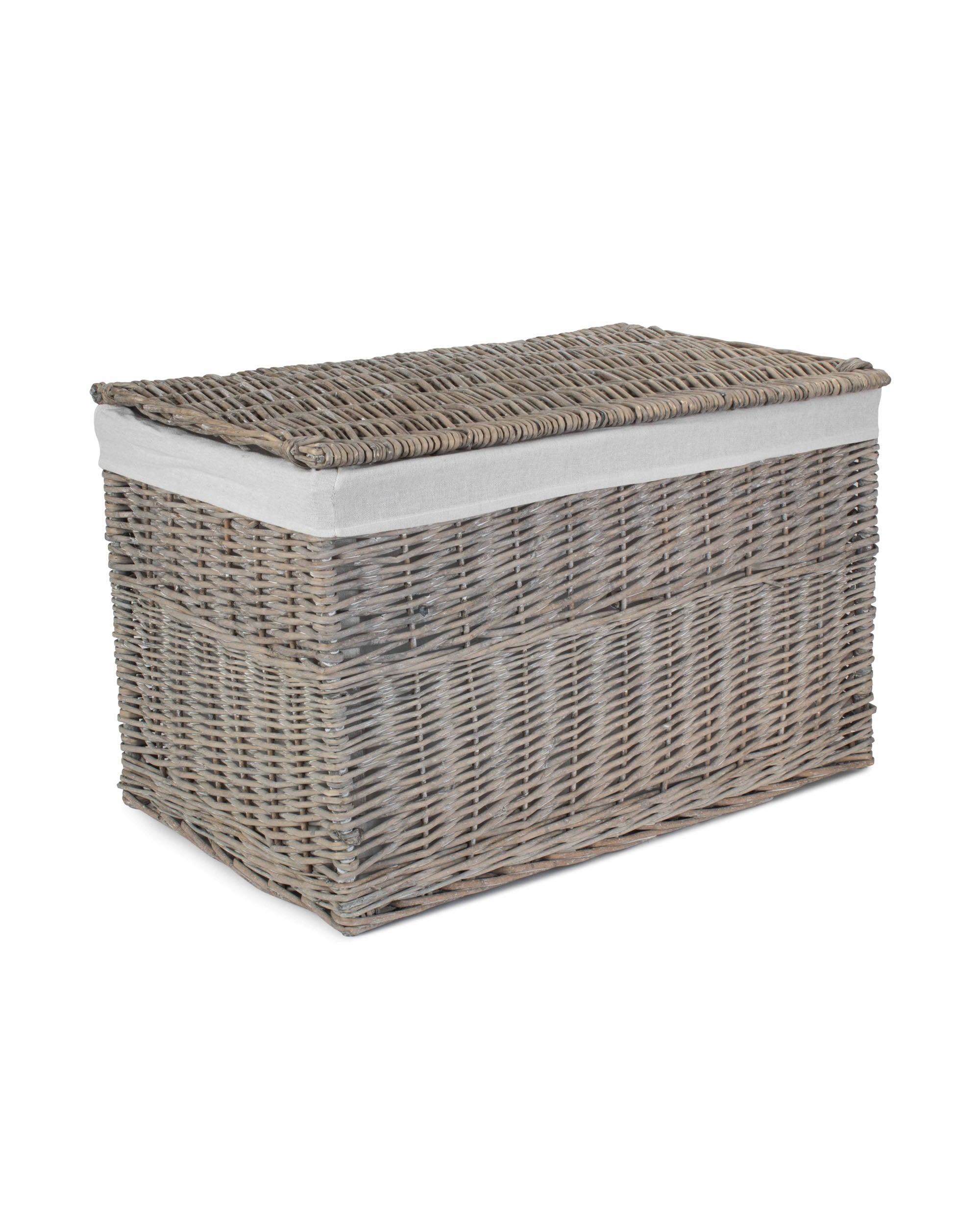 28 Inch Grey Wash Lined Wicker Storage Trunk with Lid and White Liner