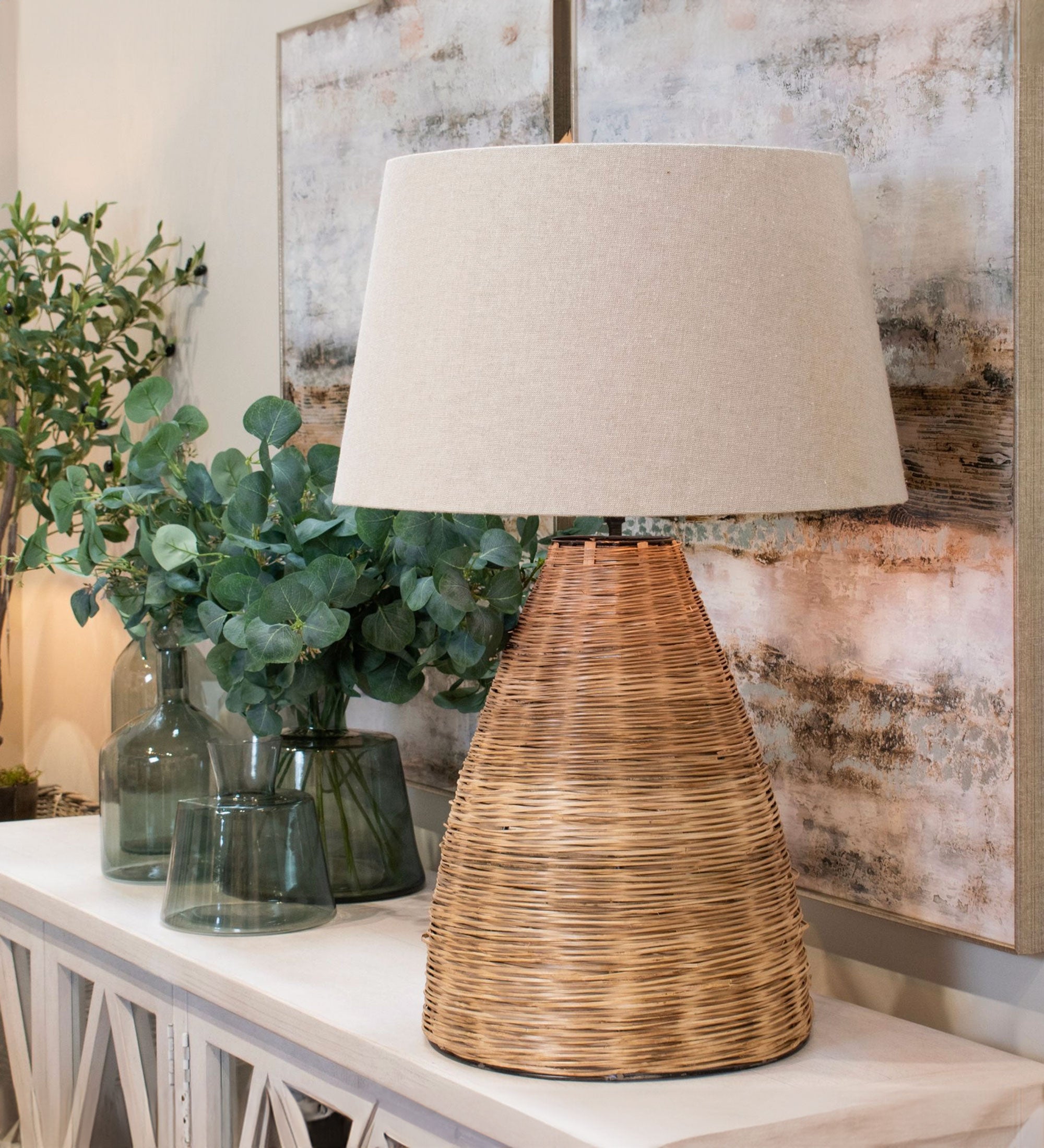 Conical Wicker Rattan Table Lamp With Linen Shade