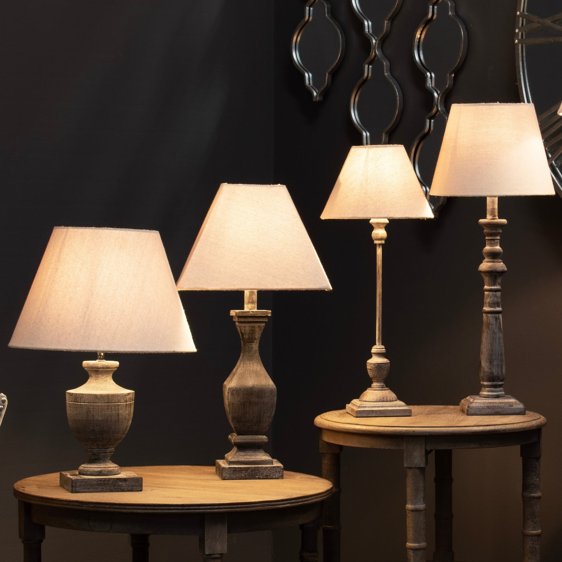 Dark Grey Urn Wooden Table Lamp With Linen Shade