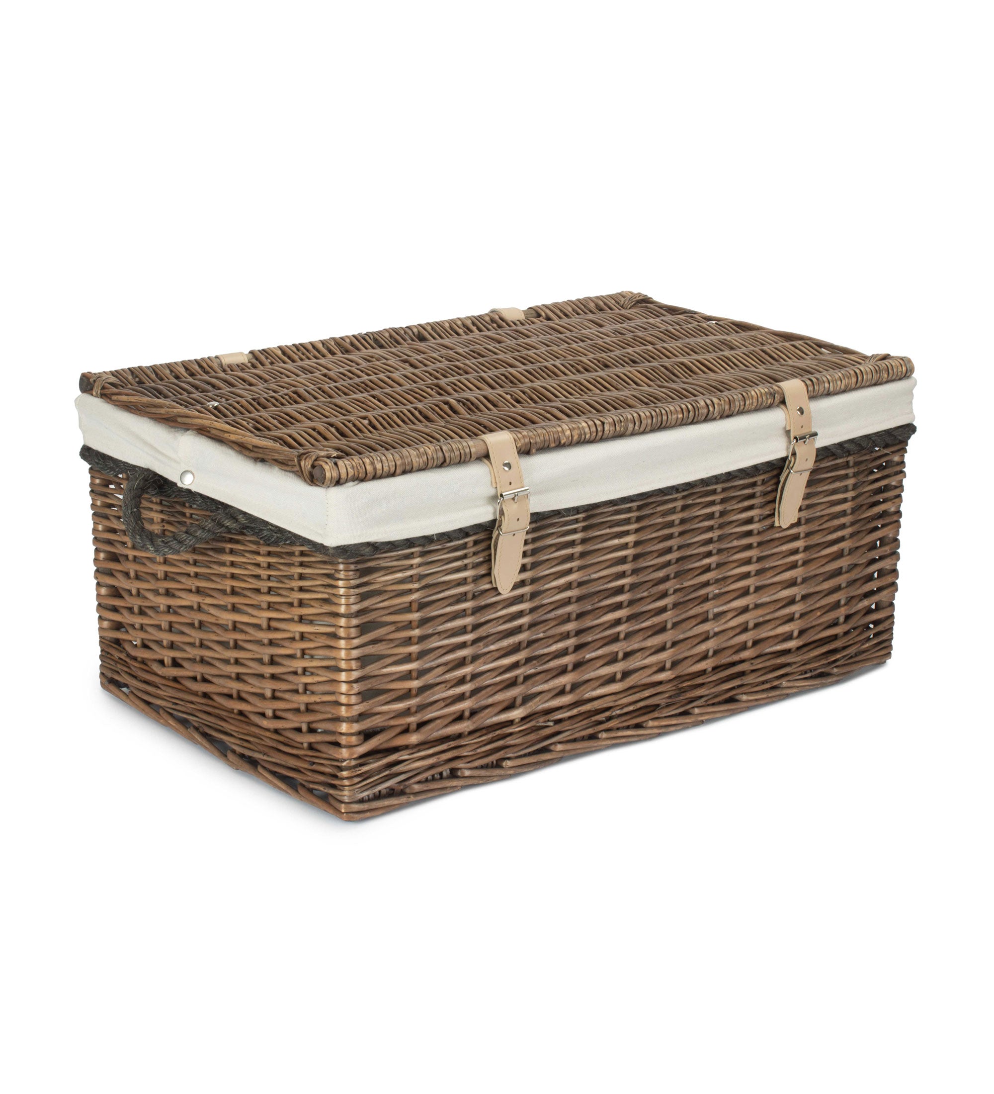 Extra Large Antique Wash Wicker Storage Trunk with Rope Handles White Lining