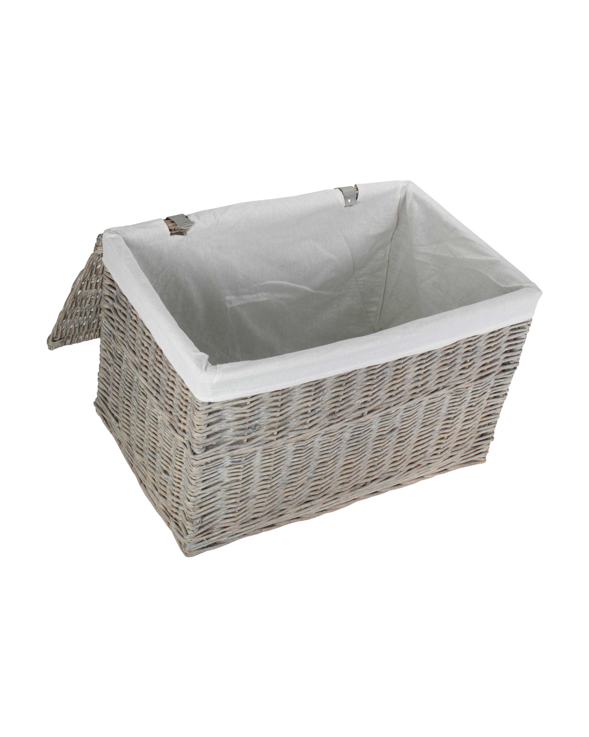 Grey Wash Lined Wicker Storage Trunk with Lid and White Liner