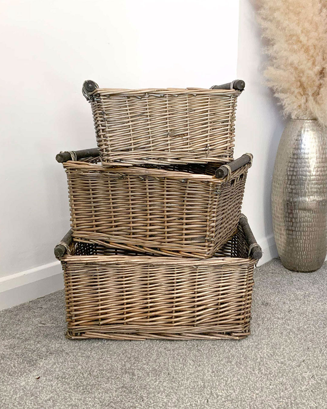 Large Wicker Storage Basket with Wood Handles - Set of 3 - Home Storage Solution