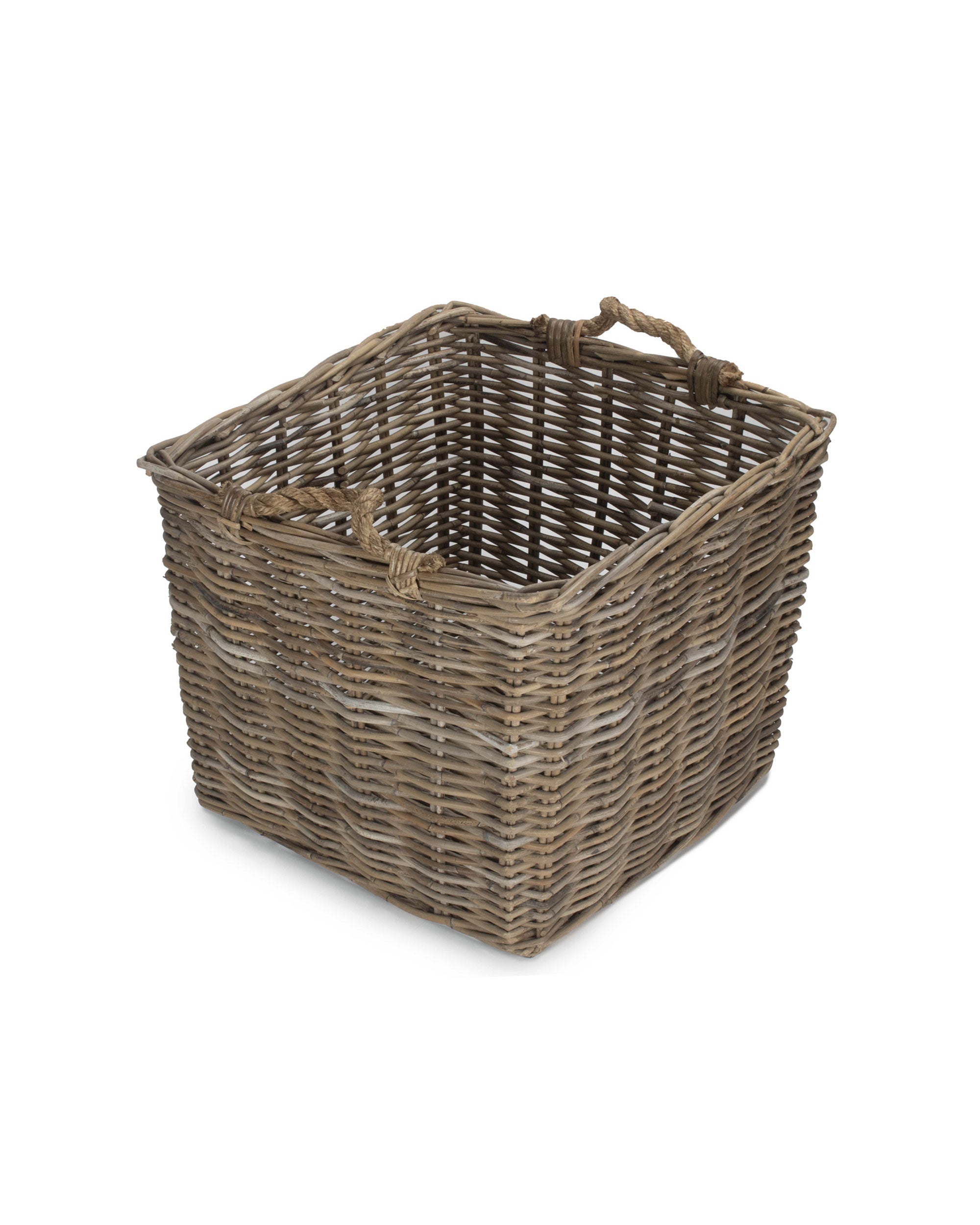 Square Grey Wicker Log Basket with Rope Handles