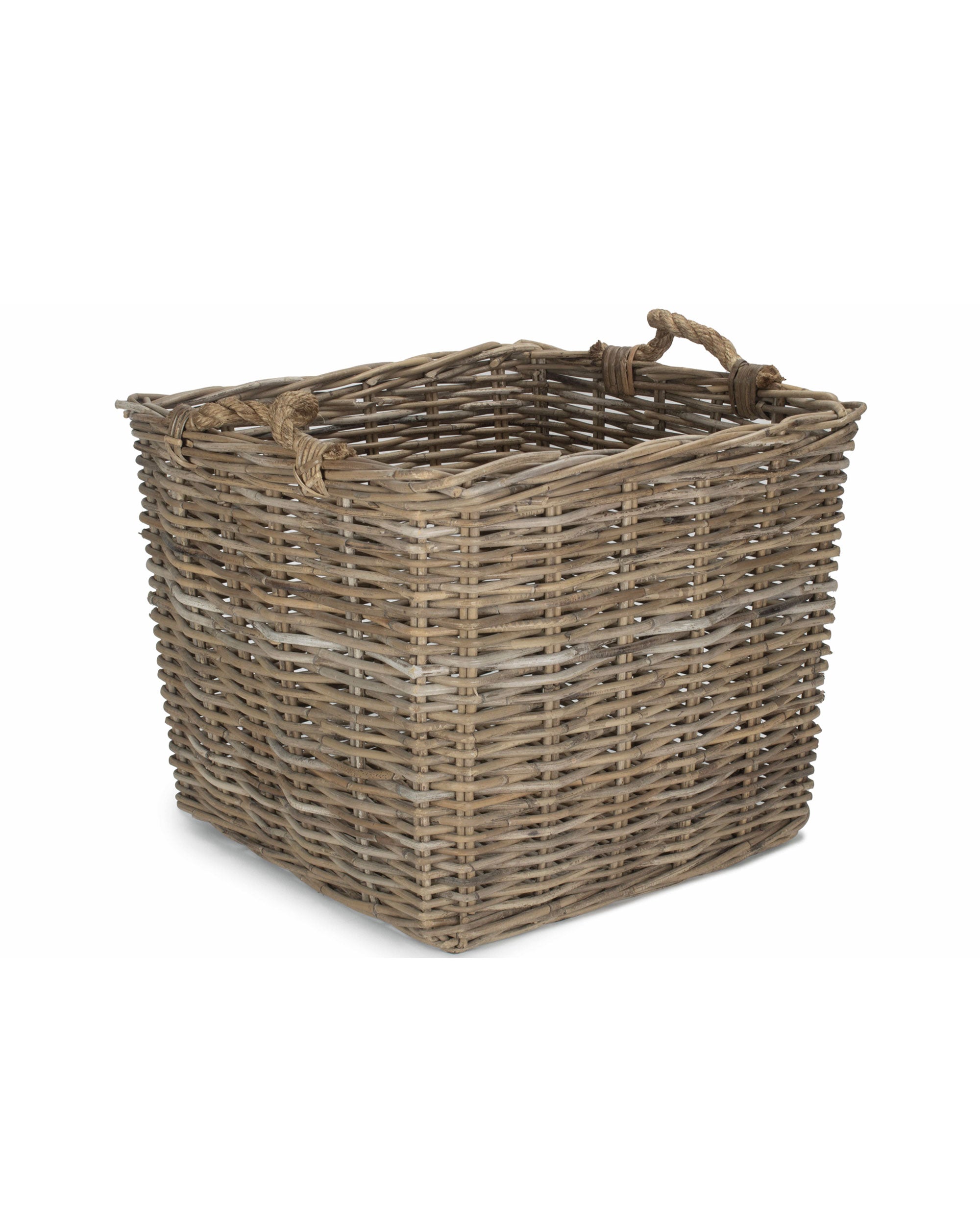 Large Square Grey Wicker Log Basket with Rope Handles