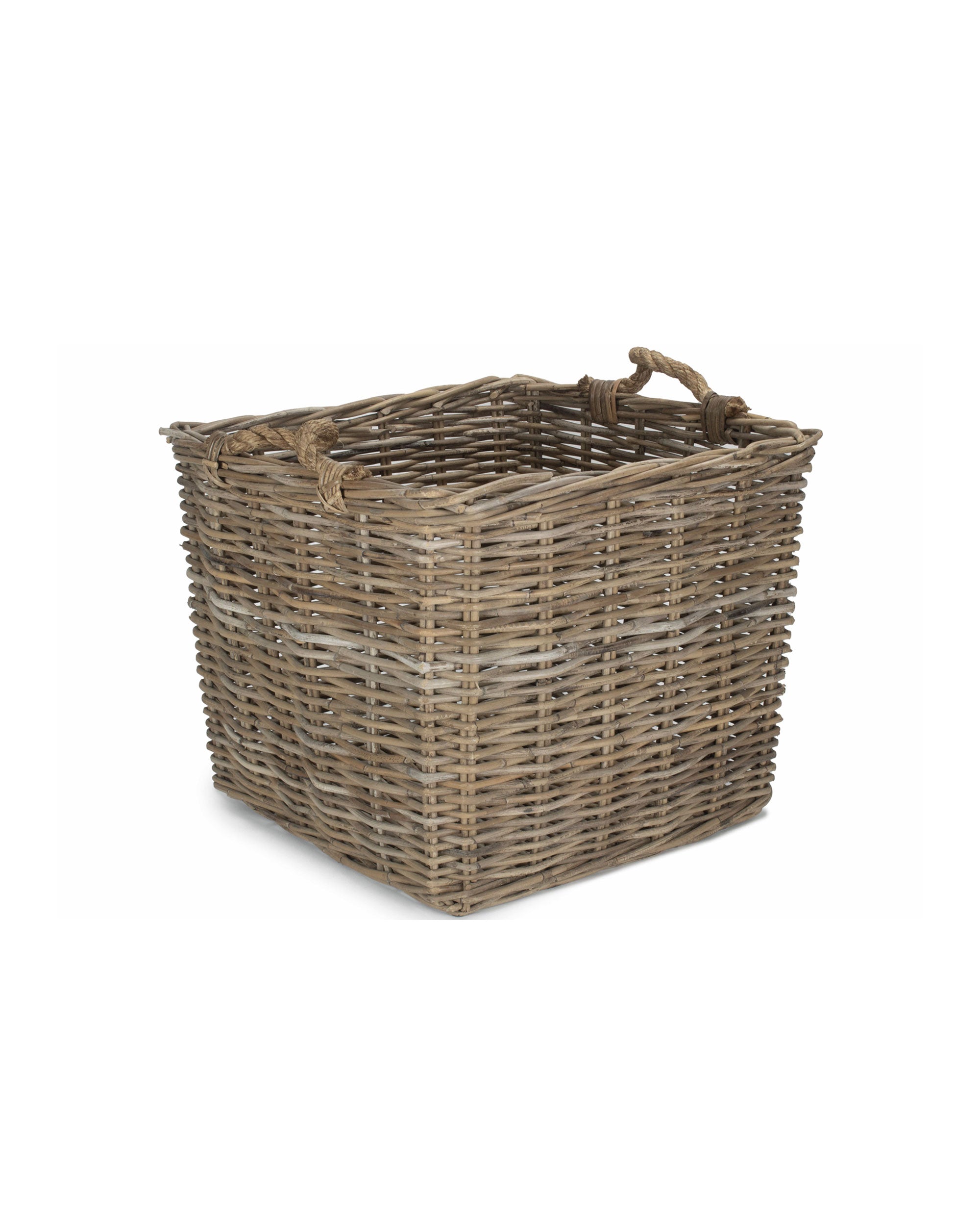 Medium Square Grey Wicker Log Basket with Rope Handles