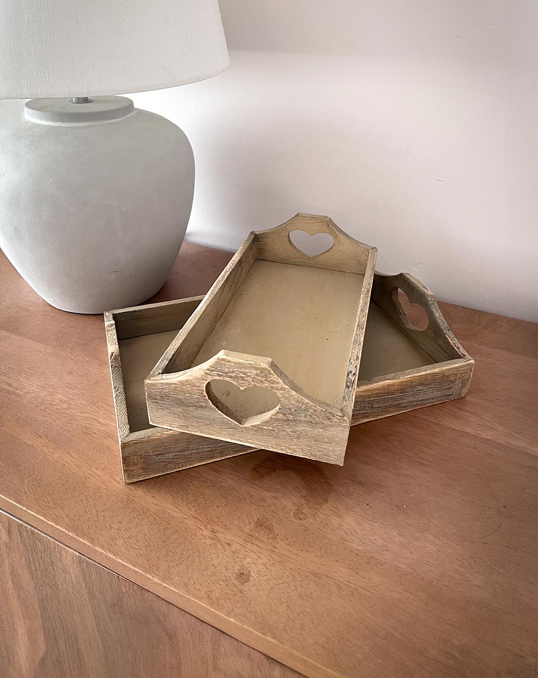 Wooden Tray Set of 2 with Heart Cut-Out - Home Storage & Organisation