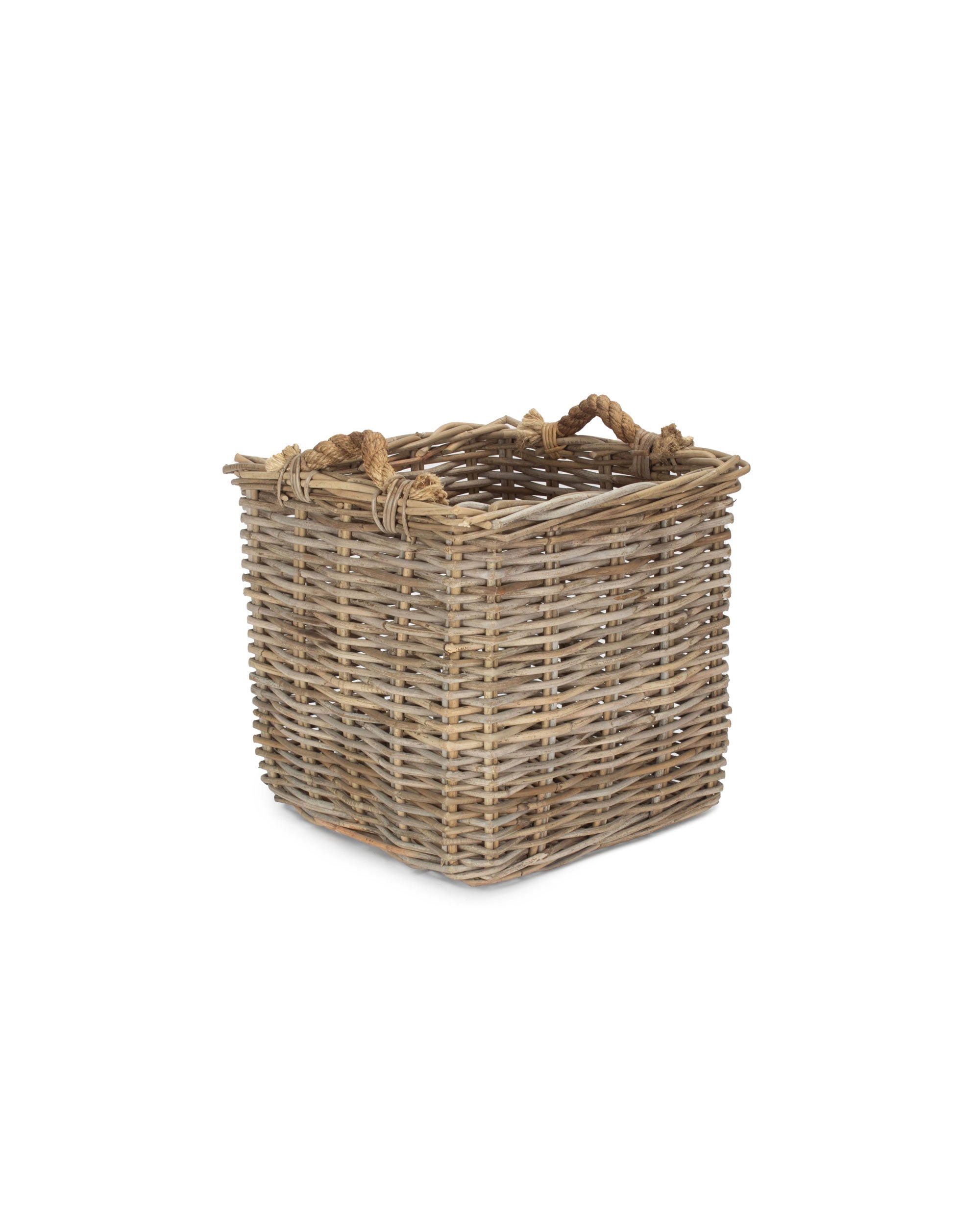 Small Square Grey Wicker Log Basket with Rope Handles