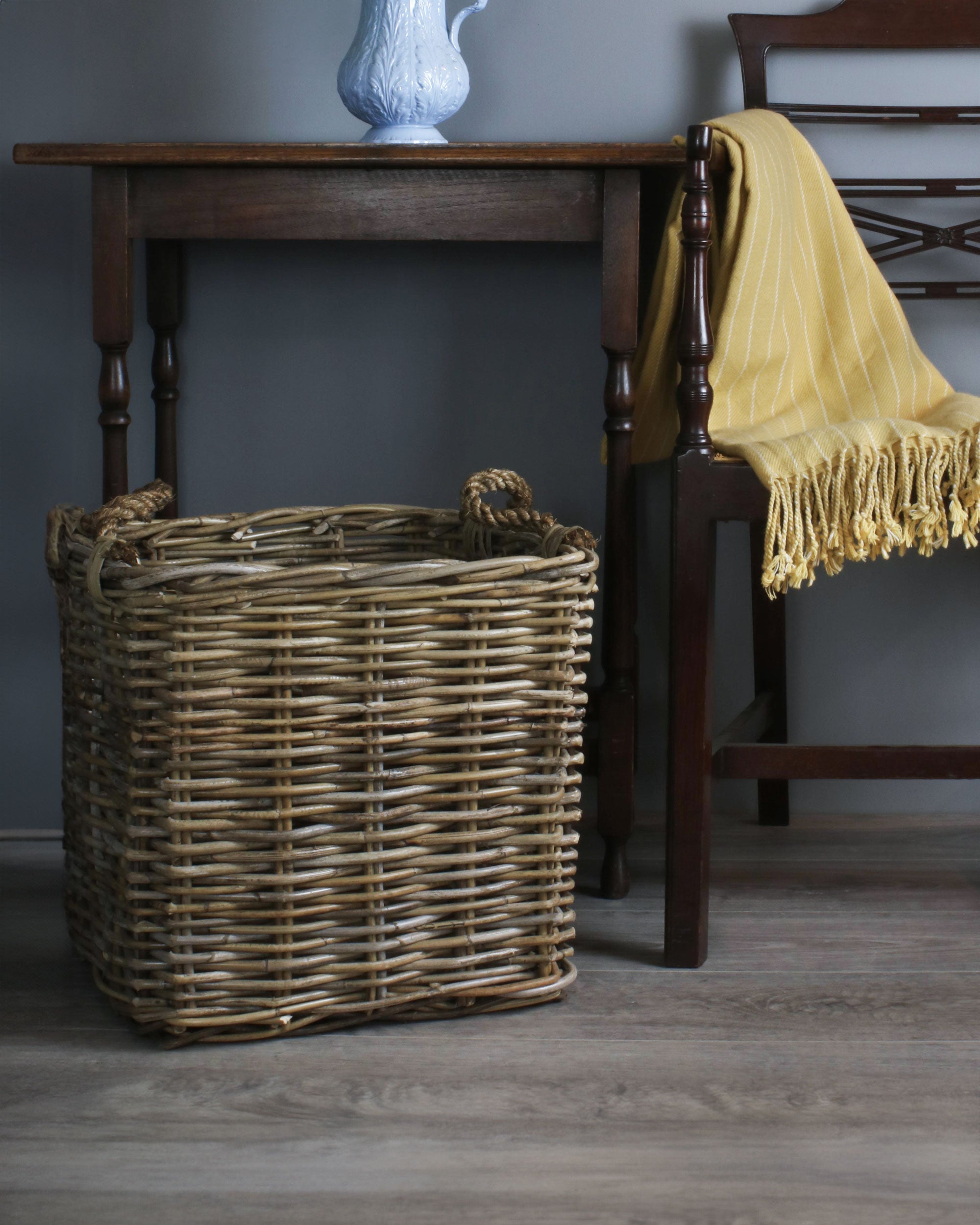 Square Grey Wicker Log Basket with Rope Handles