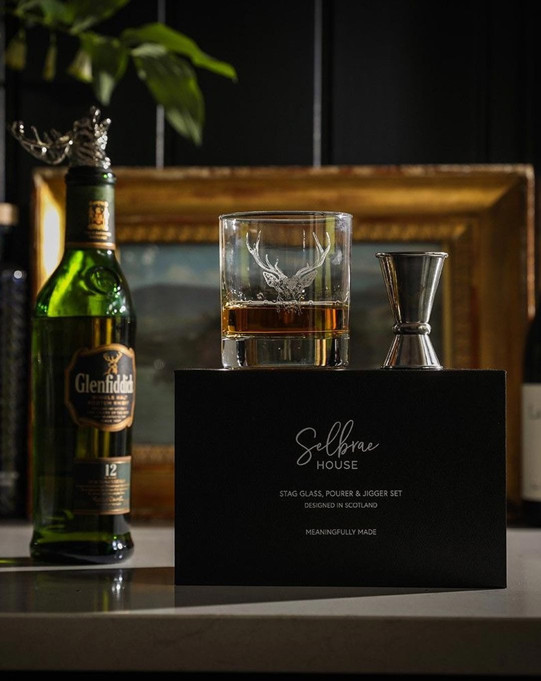 Whiskey Lovers Stag Drinks Gift Set - Stag Glass, Pourer & Jigger - The Just Slate Company