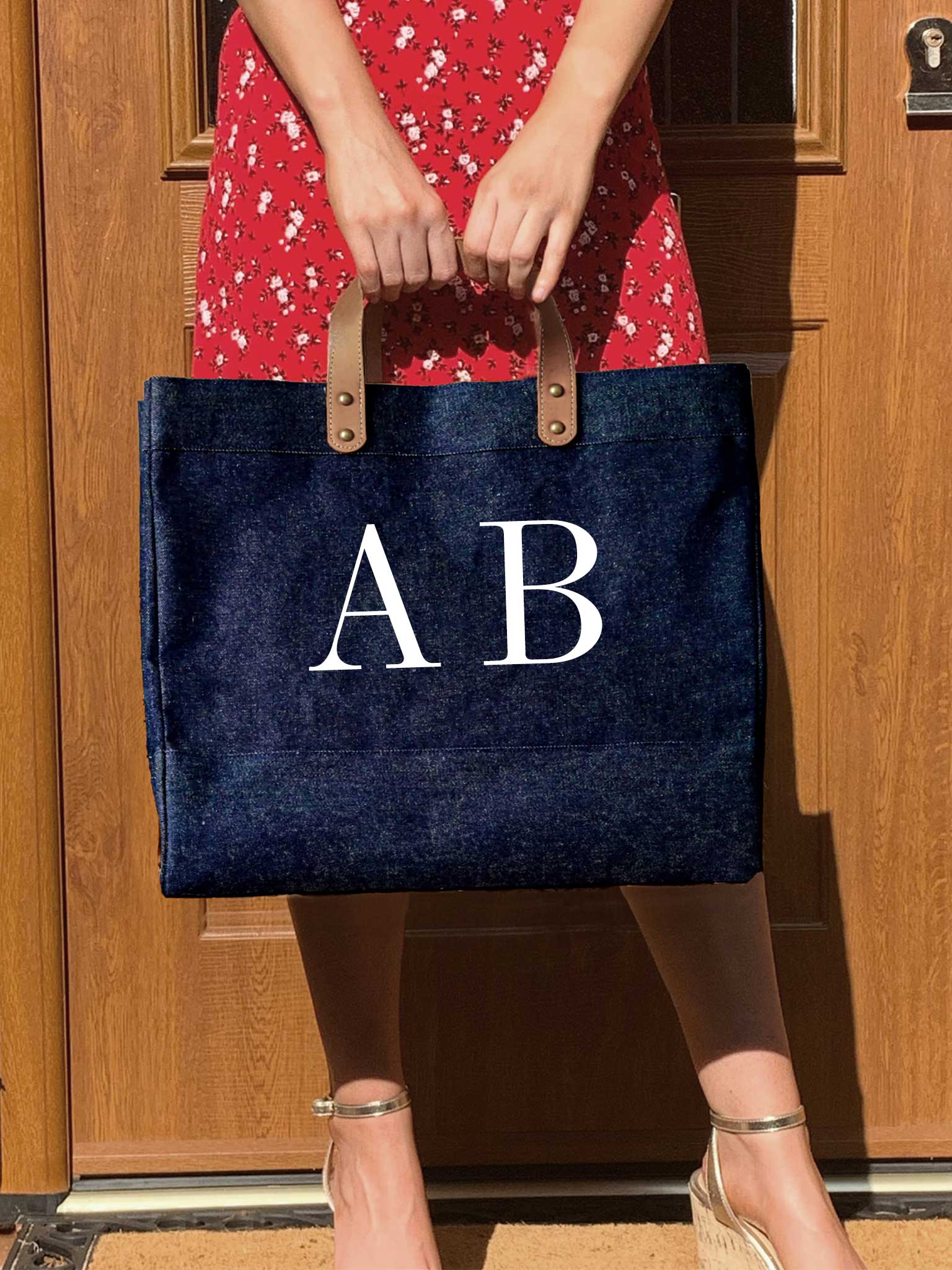 Denim Market Tote Bag with leather handles and big initials - Personalised Gift for Her