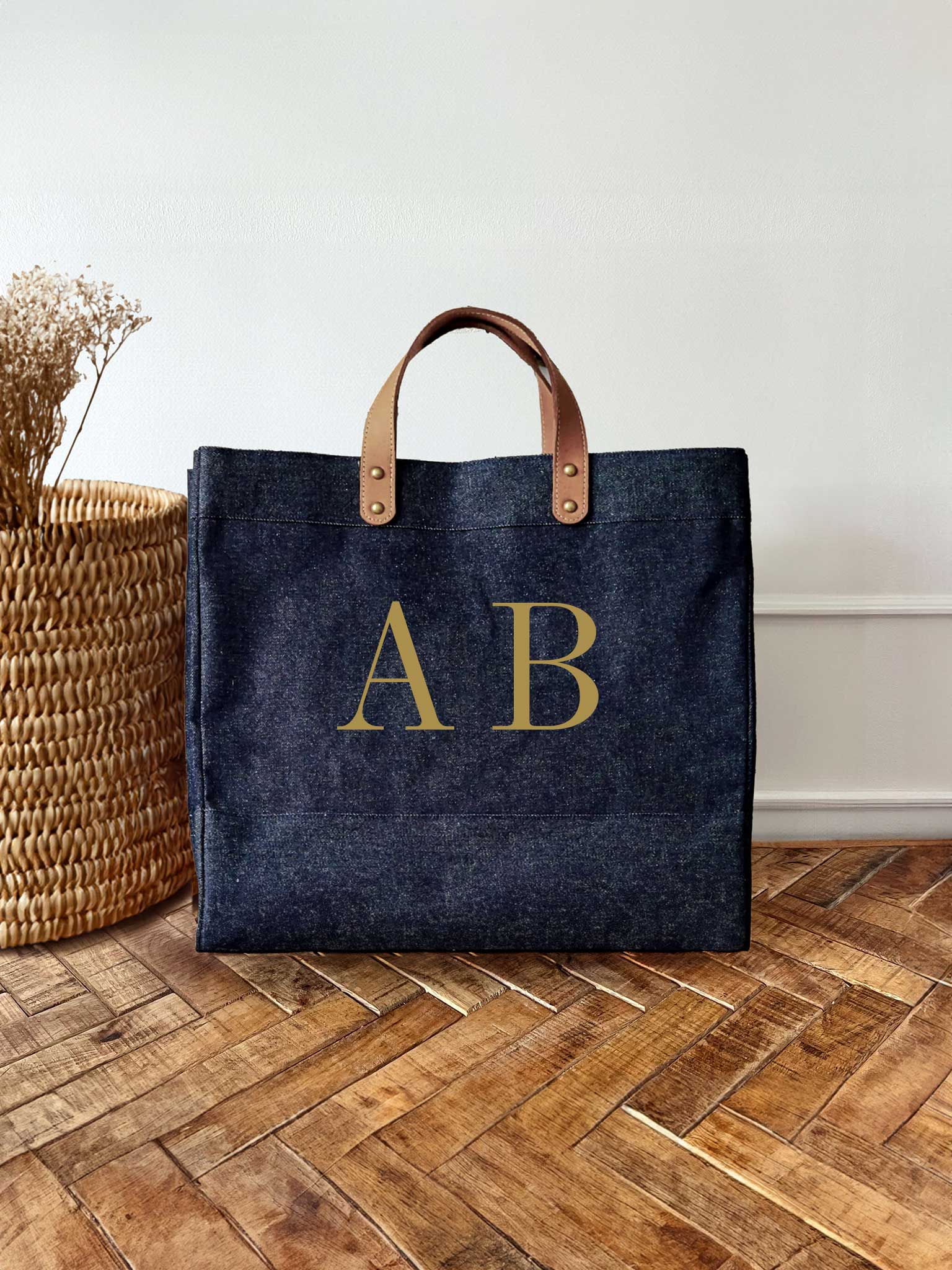 Denim Market Tote Bag with leather handles and large gold initials - Personalised Gift for Her