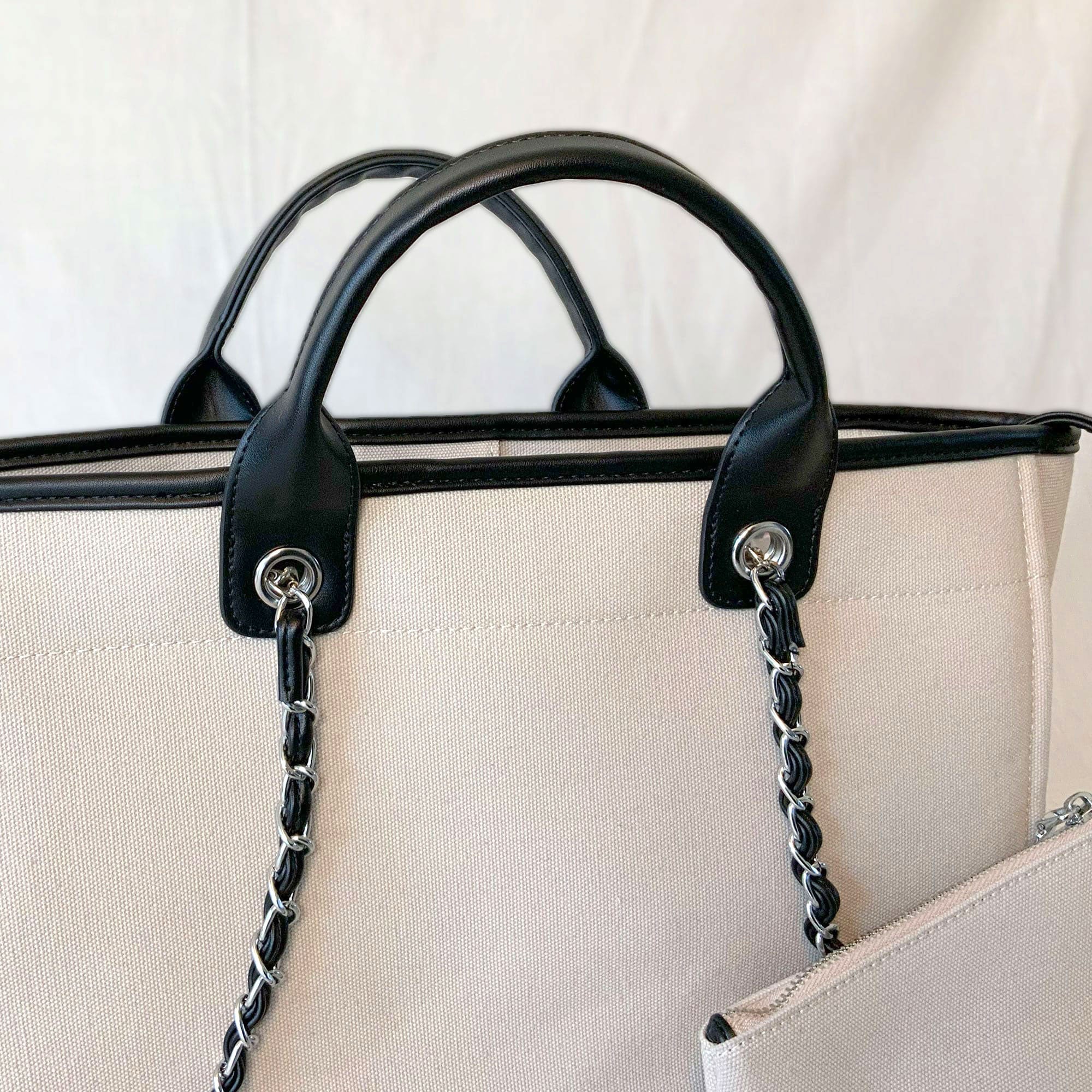 Personalised Luxe Black White Canvas Tote Shoulder Bag - Womens Handbag - Gift for Her - Deauville Bag