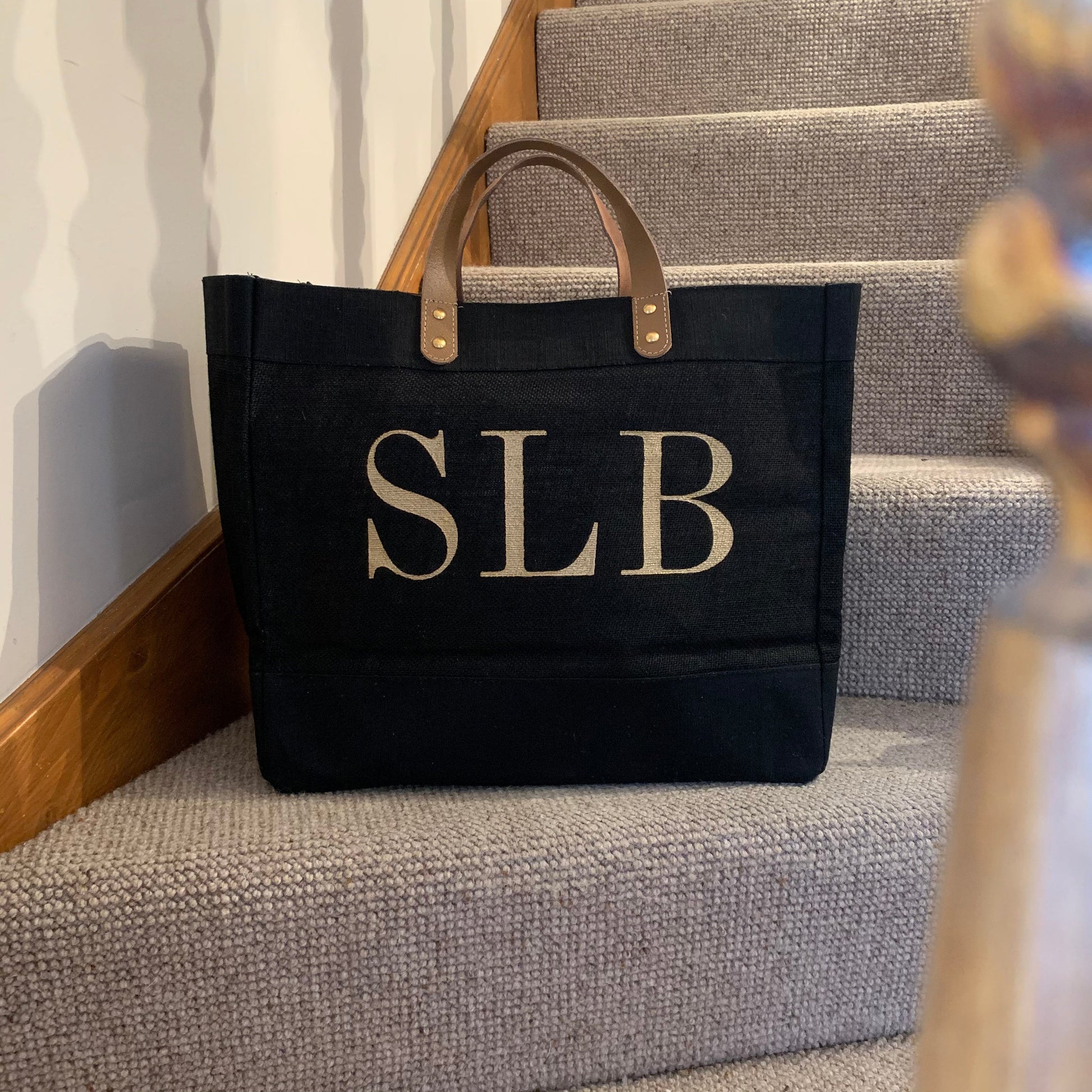 Black Jute Market Bag with leather handles and big initials - Personalised Gift for Her