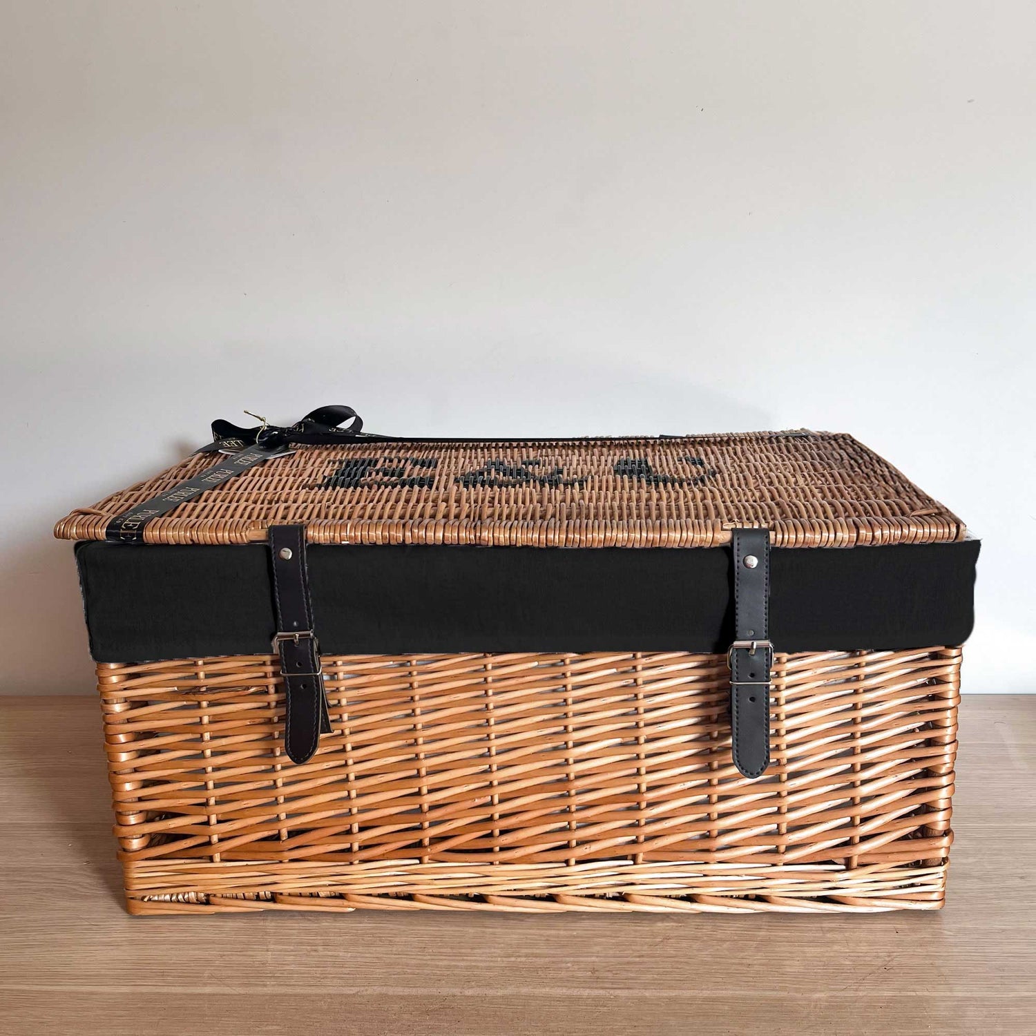 Branded Corporate Hamper for PR Gifts &amp; Events - Custom Wicker Basket with Black Cotton Liner