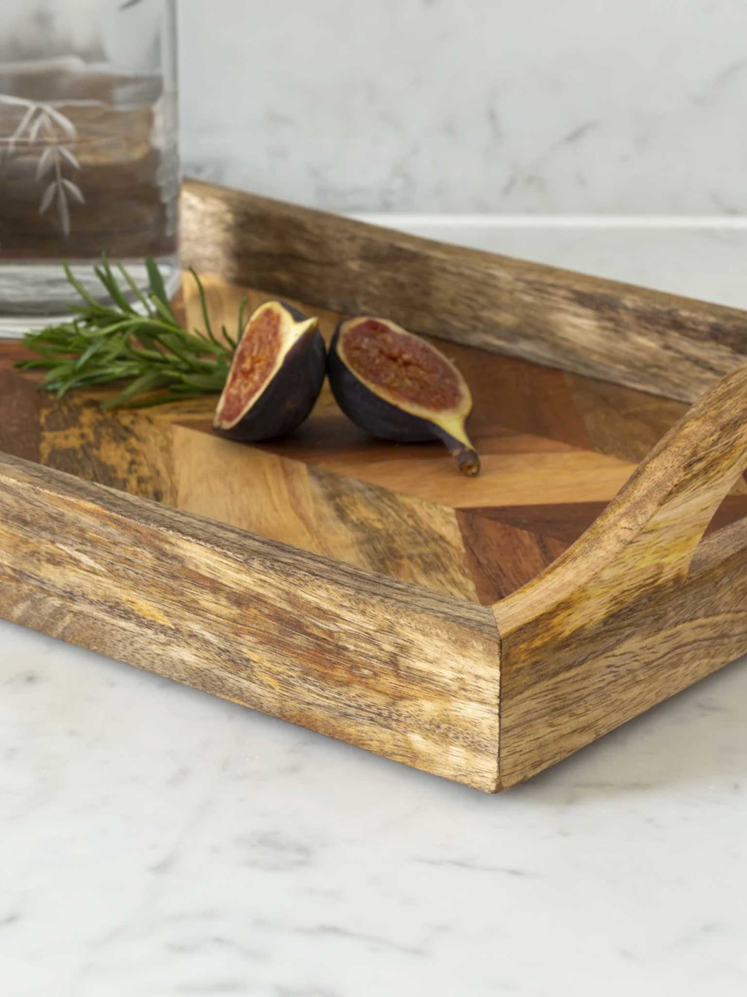 Acacia &amp; Mango Serving Tray with Handles - Natural Solid Wood Rectangle Tray