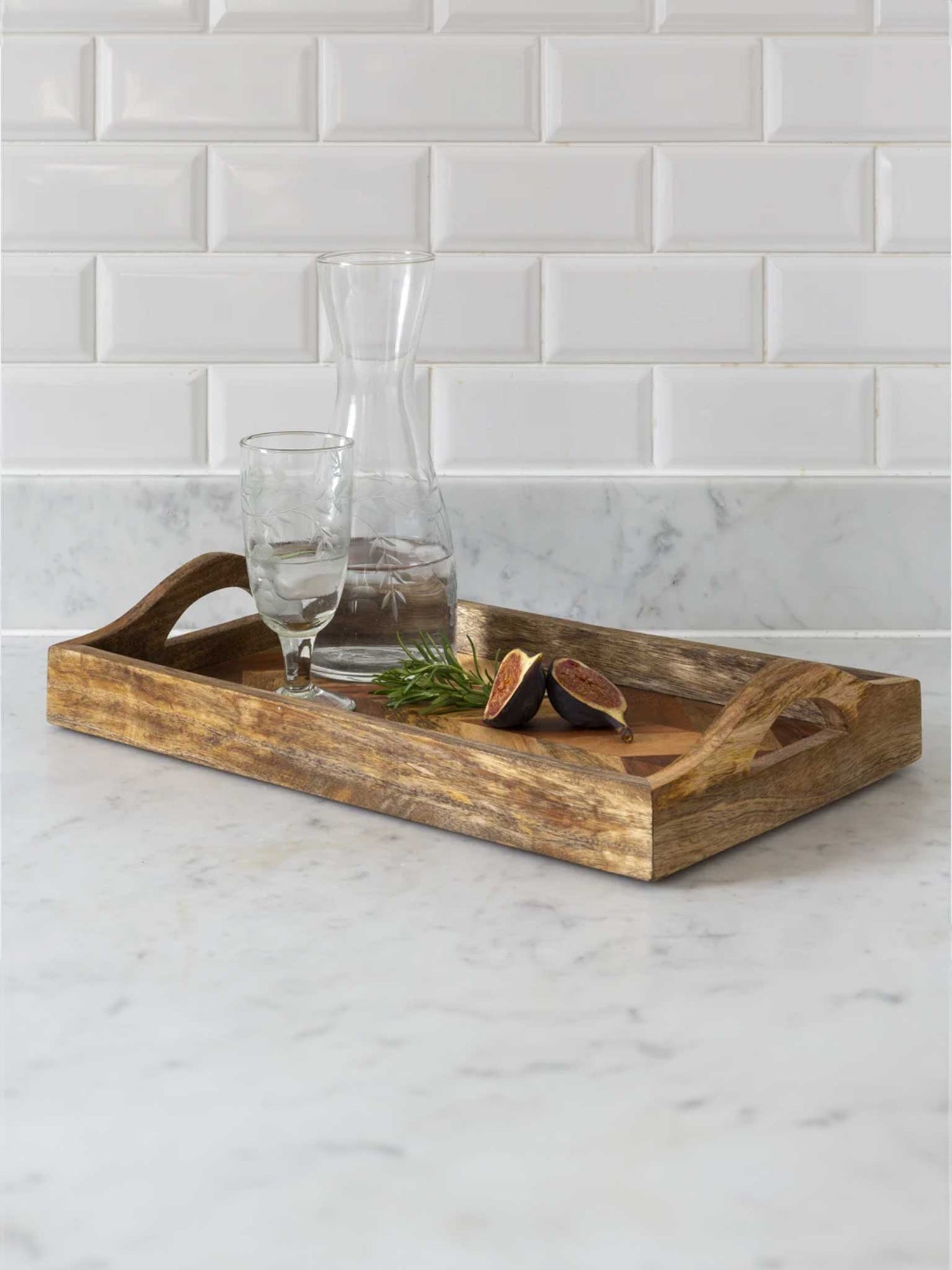 Acacia &amp; Mango Serving Tray with Handles - Natural Solid Wood Rectangle Tray