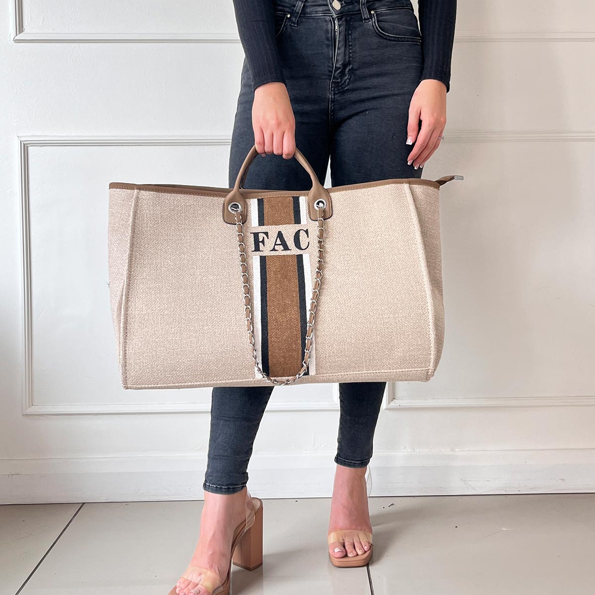 Personalised Beige Canvas Tote with Brown, Grey, White Stripes