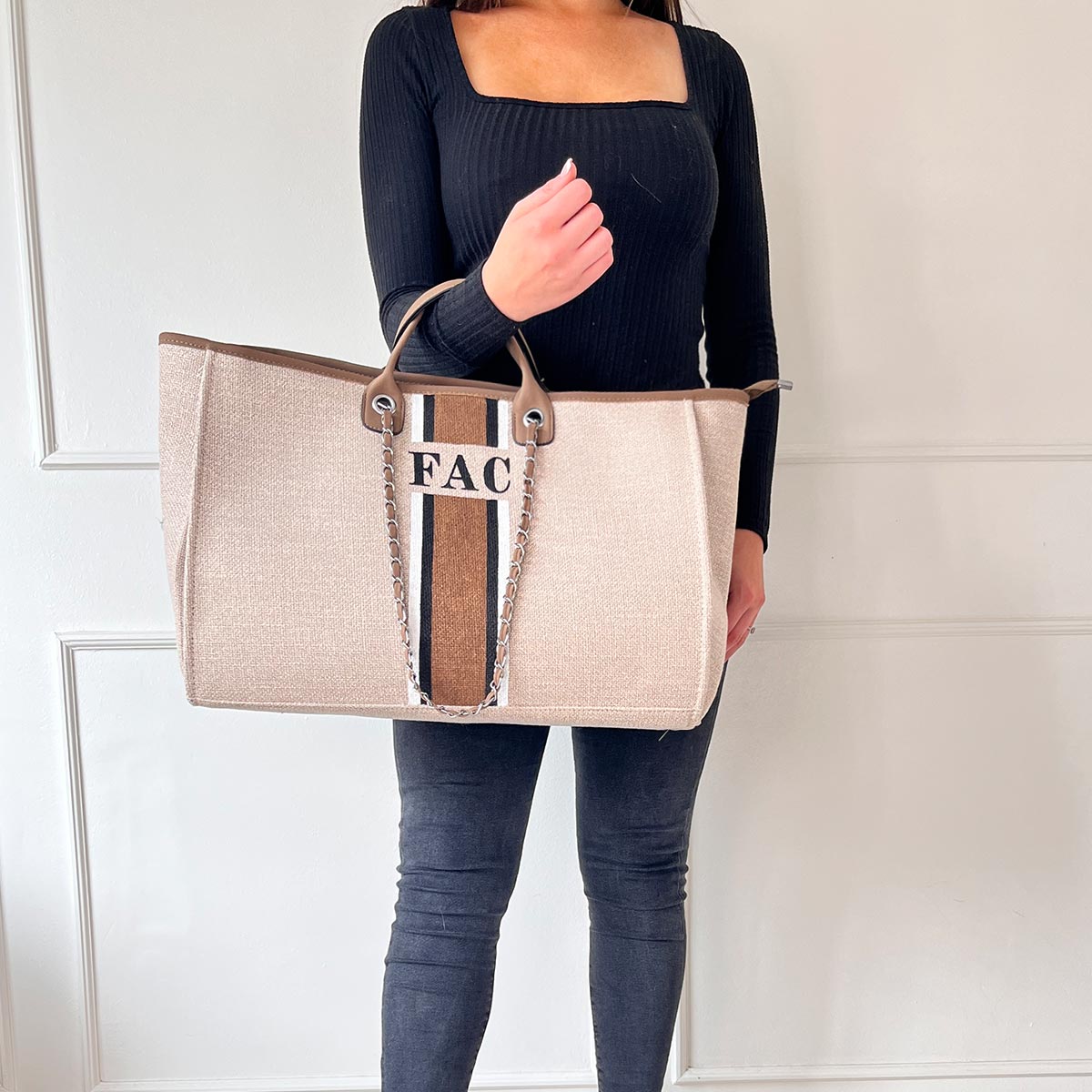 Beige Maxi Canvas Tote with Brown, Grey, White Stripes