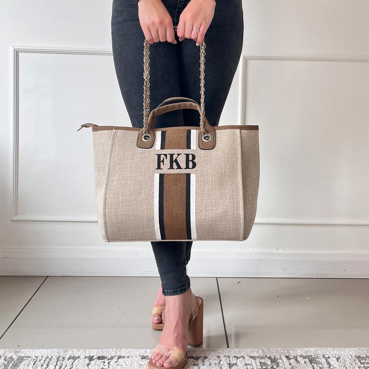 Beige Midi Canvas Tote with Brown, Grey, White Stripes