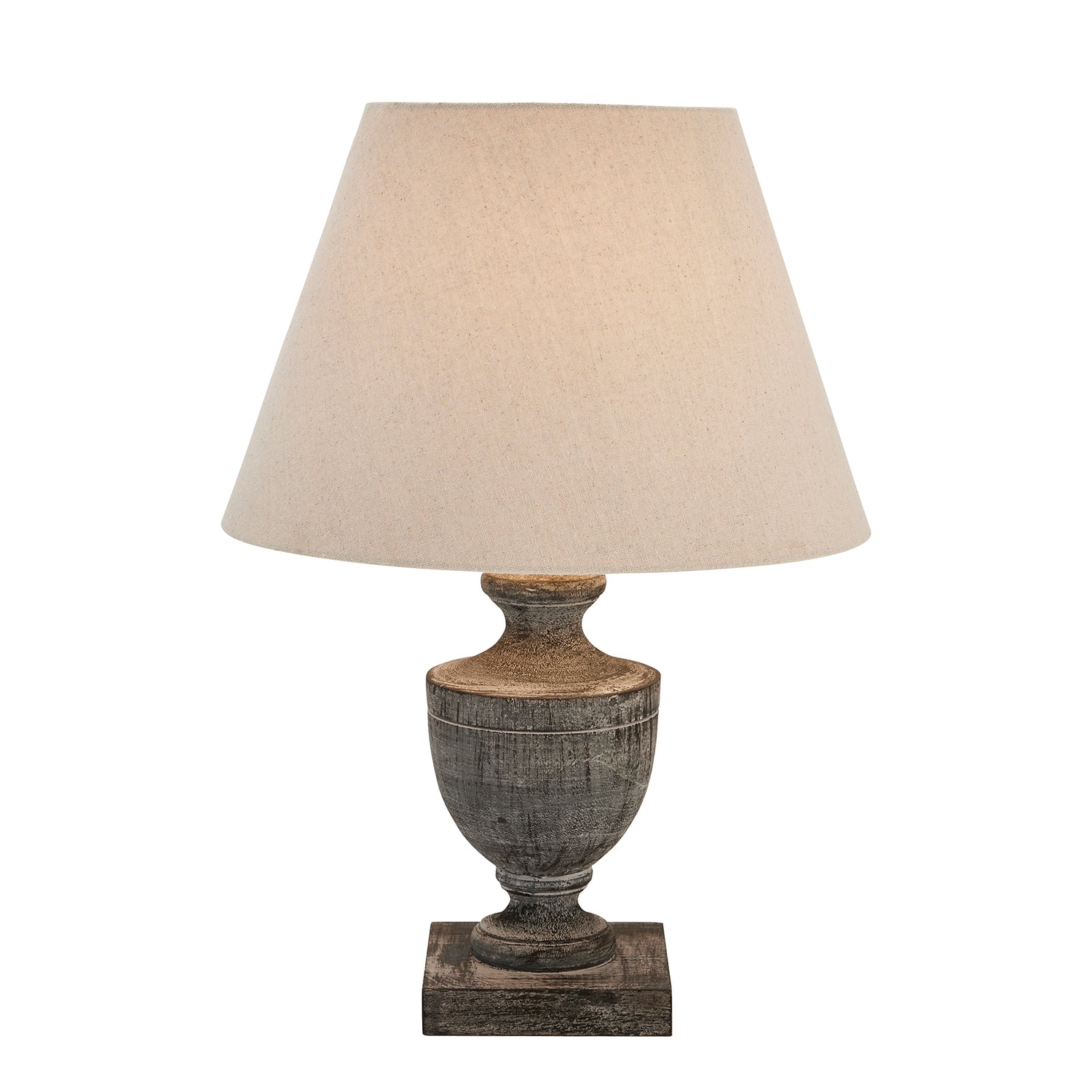 Dark Grey Urn Wooden Table Lamp With Linen Shade