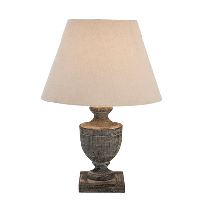 Dark Grey Urn Wooden Table Lamp With Linen Shade