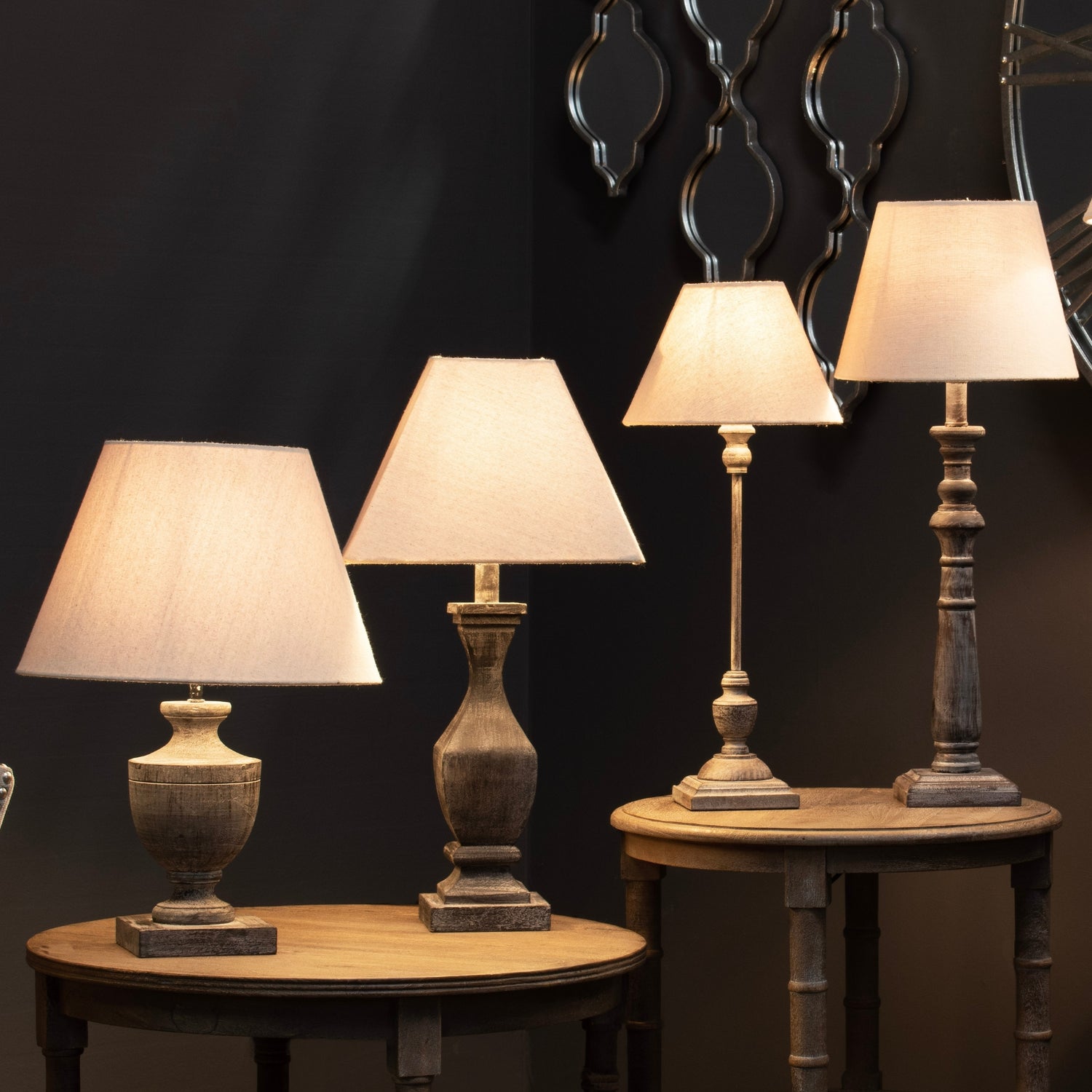 Dark Grey Urn Wooden Table Lamp With Linen Shade