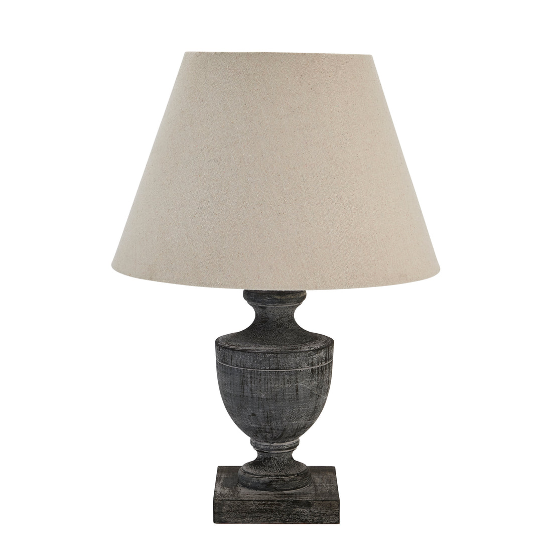Dark Grey Urn Wooden Table Lamp With Linen Shade