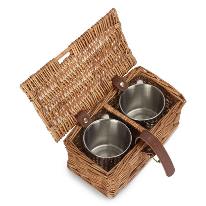 Small hamper basket with stainless steel mugs