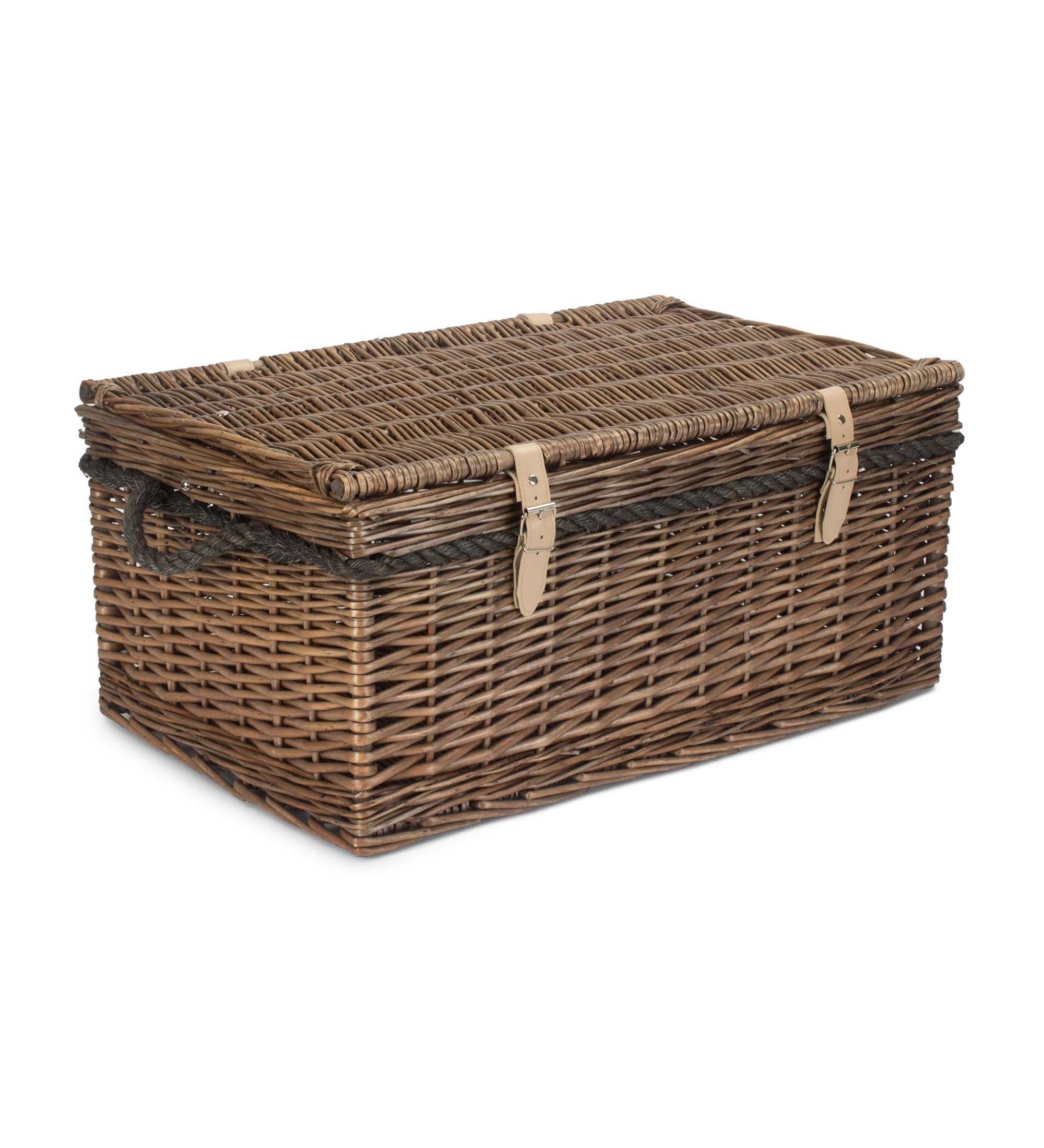 Extra Large Antique Wash Wicker Storage Trunk with Rope Handles White Lining