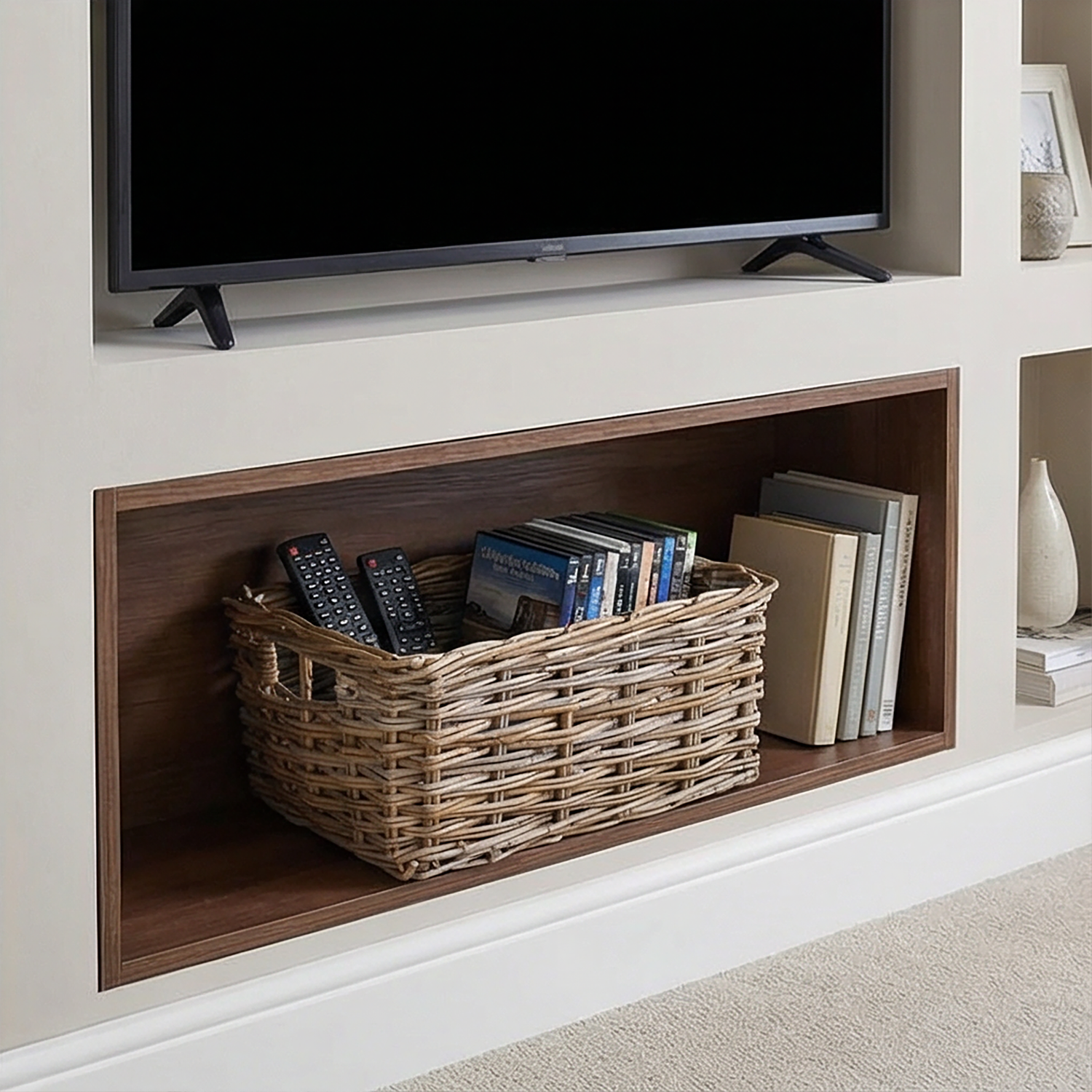 Large Deep Rattan Storage Basket sat on shelf