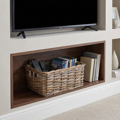 Large Deep Rattan Storage Basket sat on shelf