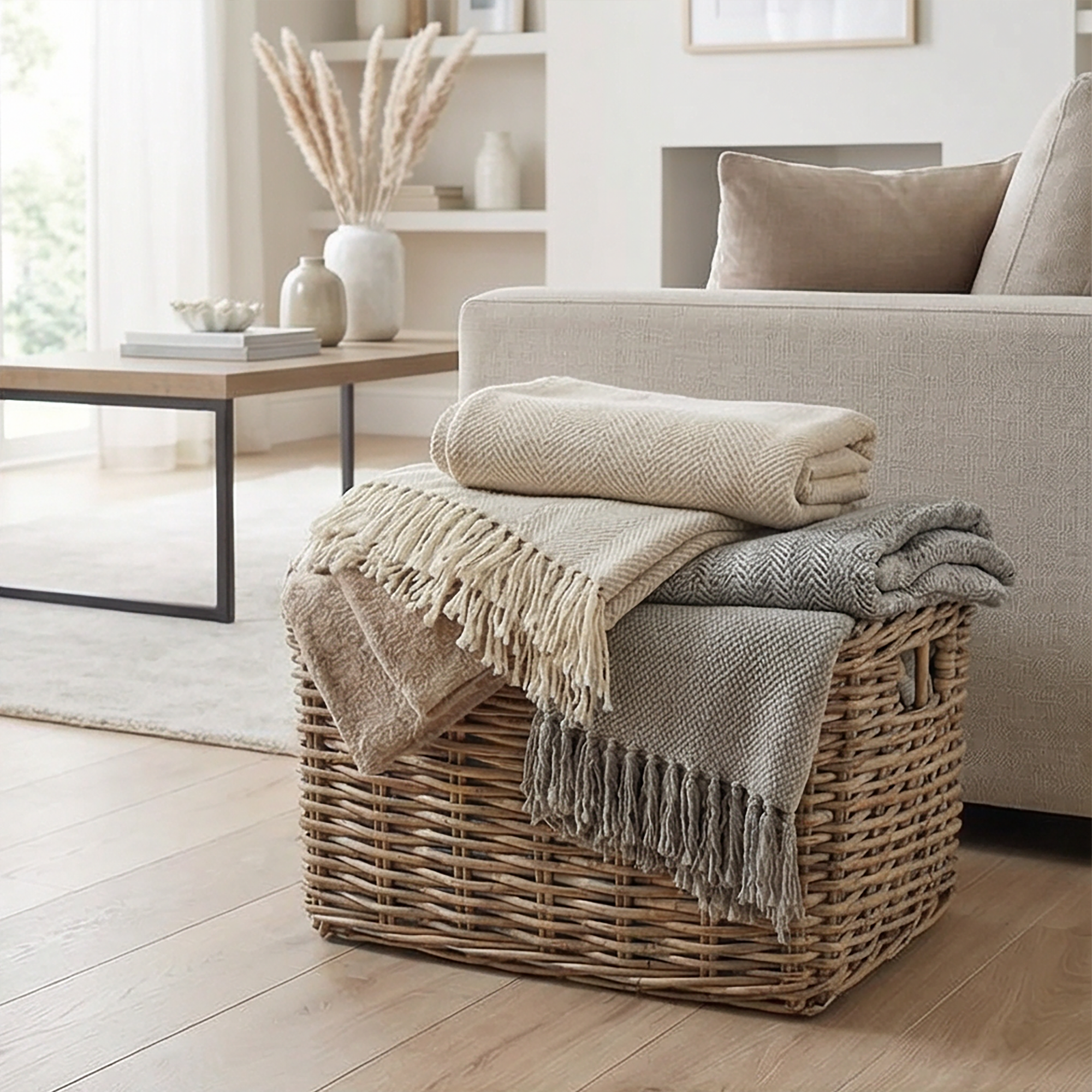Large Deep Rattan Blanket Storage Basket