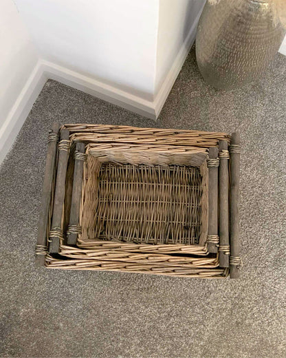 Large Wicker Storage Basket with Wood Handles - Set of 3 - Home Storage Solution