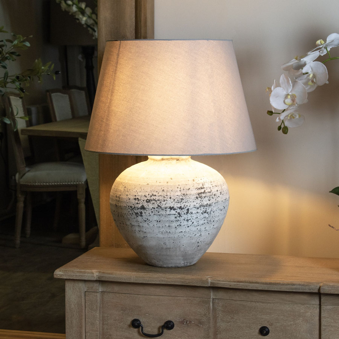 Large Distressed Rustic Stone Ceramic Lamp with Light Grey Shade