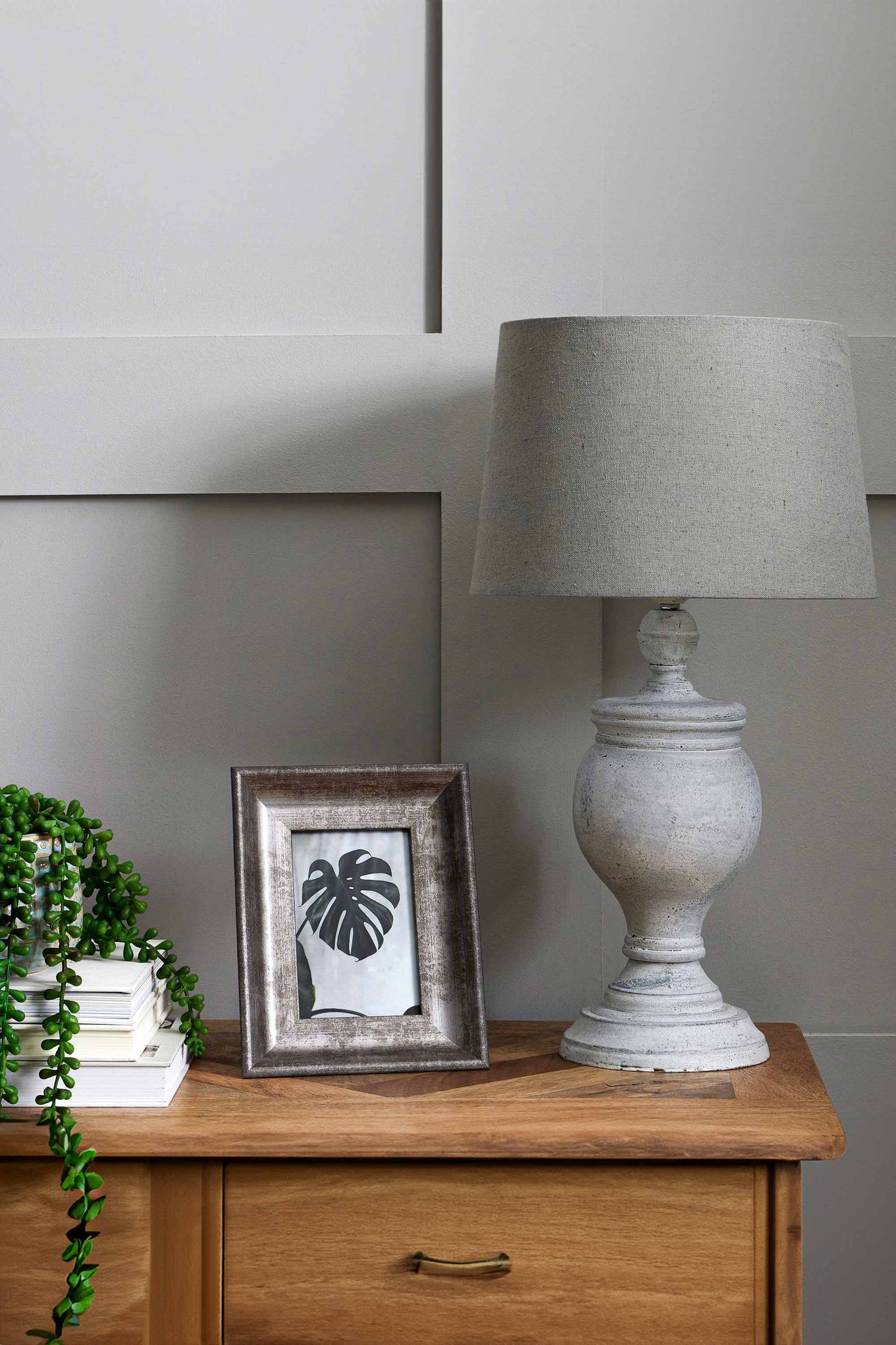 Neutral Stone Table Lamp with Linen Shade