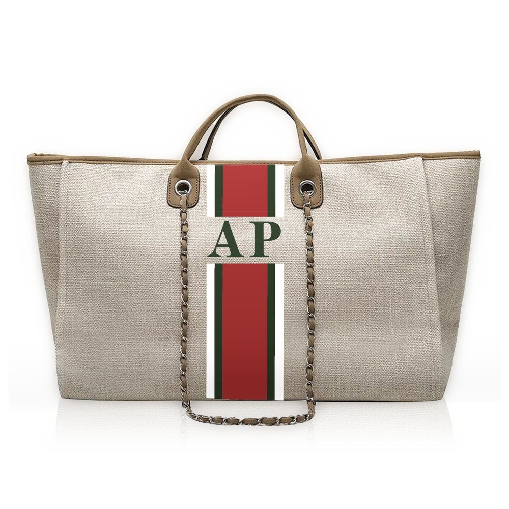 Personalised Beige Tote Bag with Gucci Stripes