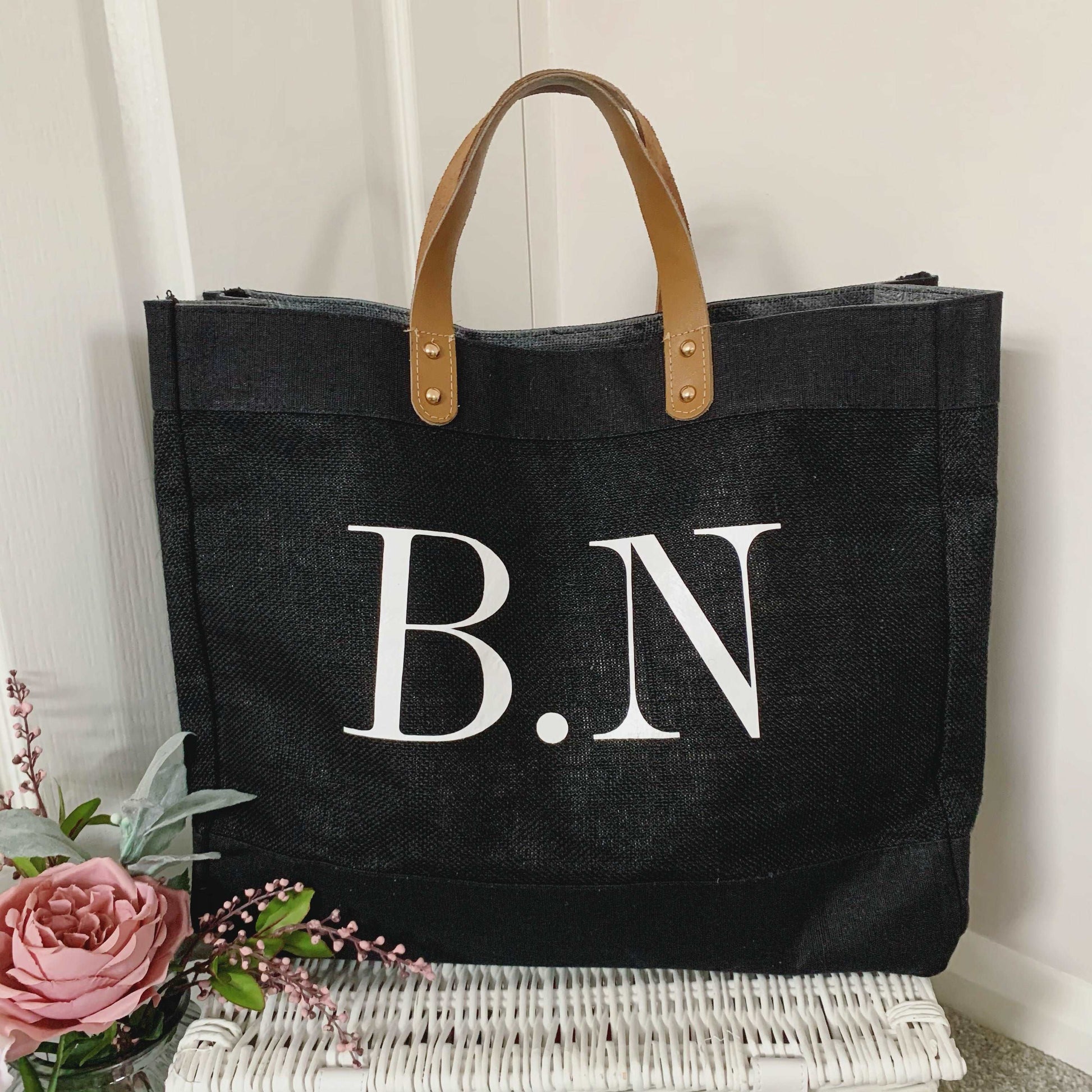 Black Jute Market Bag with leather handles and big initials - Personalised Gift for Her