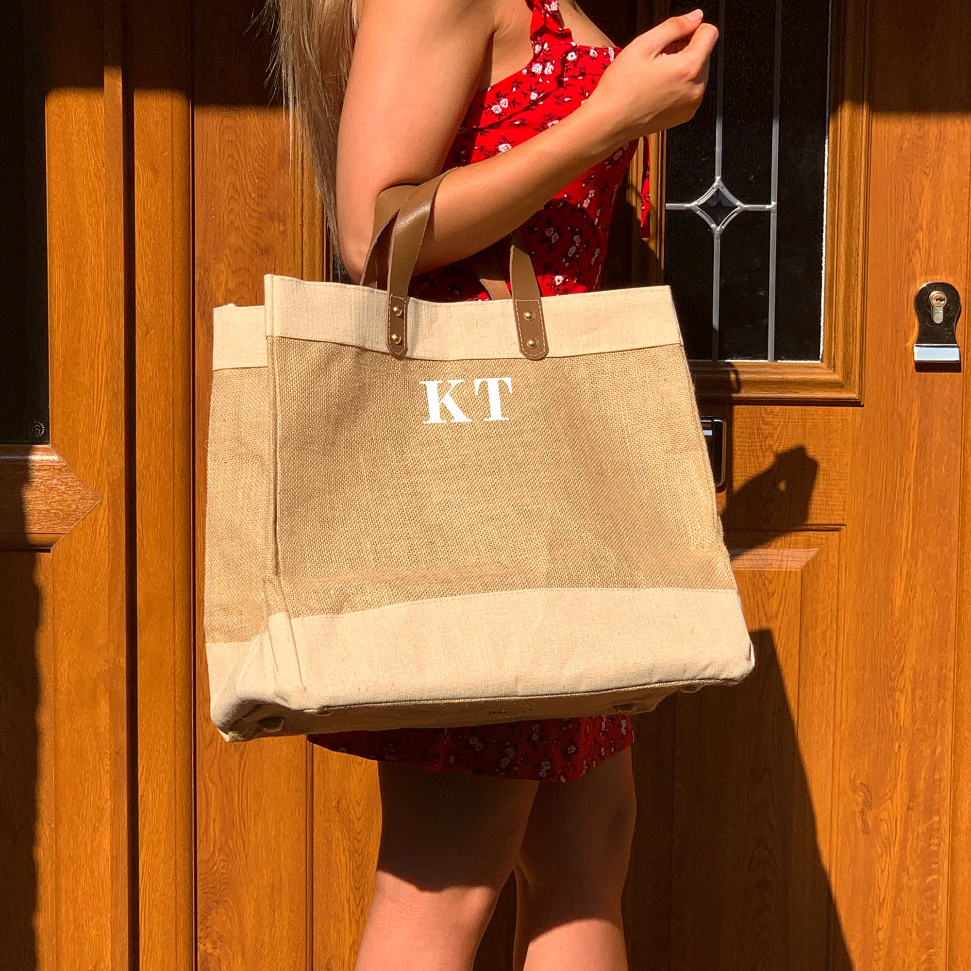 Natural Jute Market Bag with leather handles and small initials - Personalised Gift for Her - Reusable shopping bag