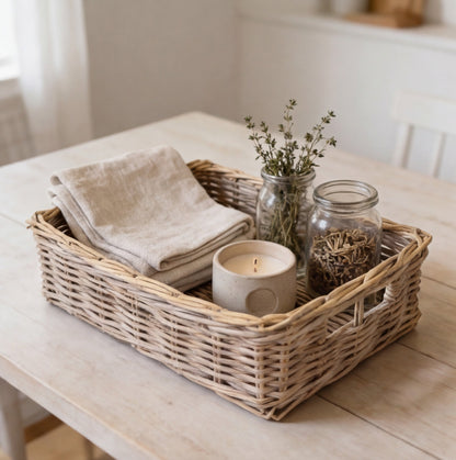 shallow rectangle wicker storage basket tray