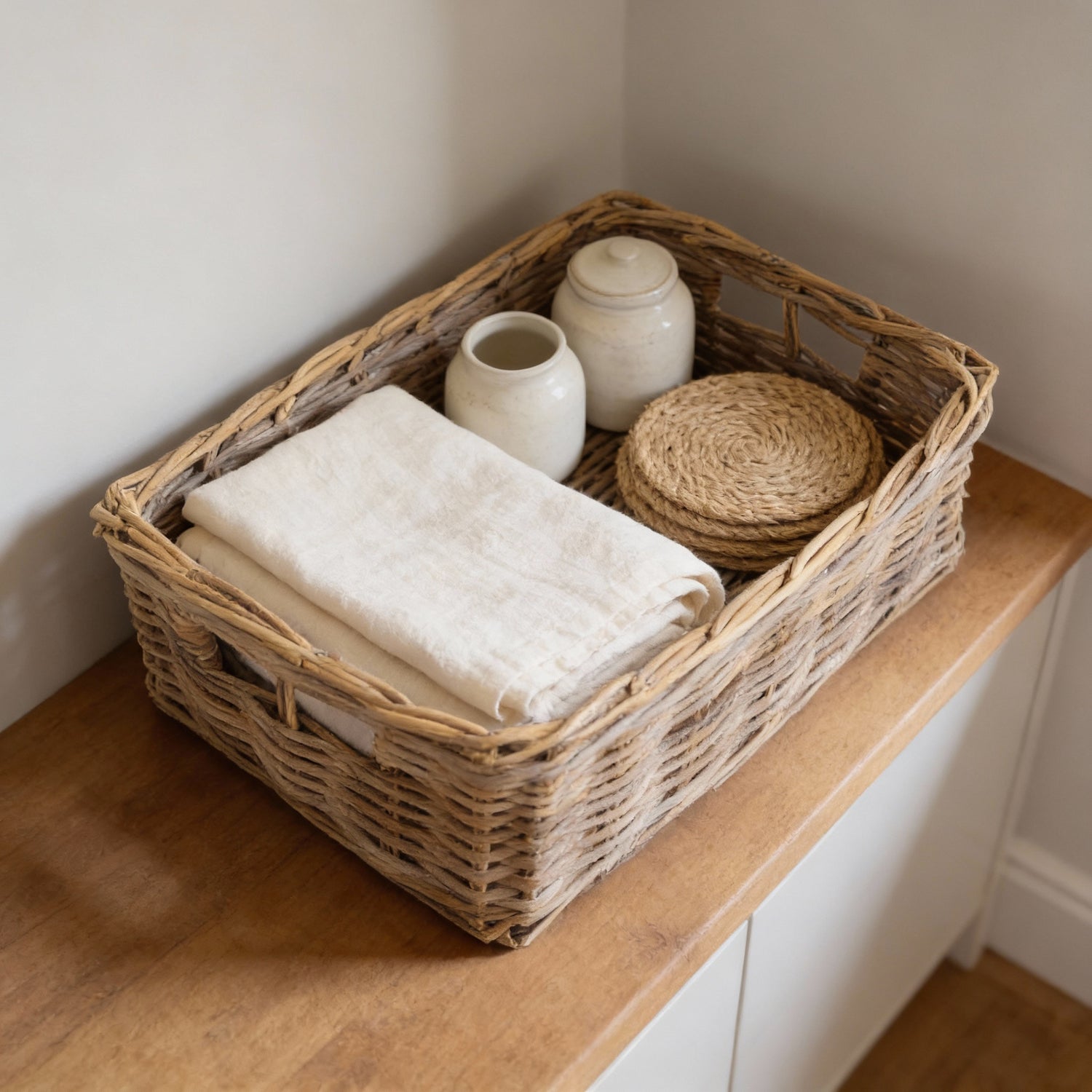 shallow rectangle wicker storage basket tray