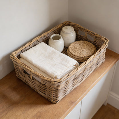 shallow rectangle wicker storage basket tray