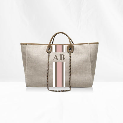 Beige Maxi Canvas Tote with Pink, Brown, White Stripes