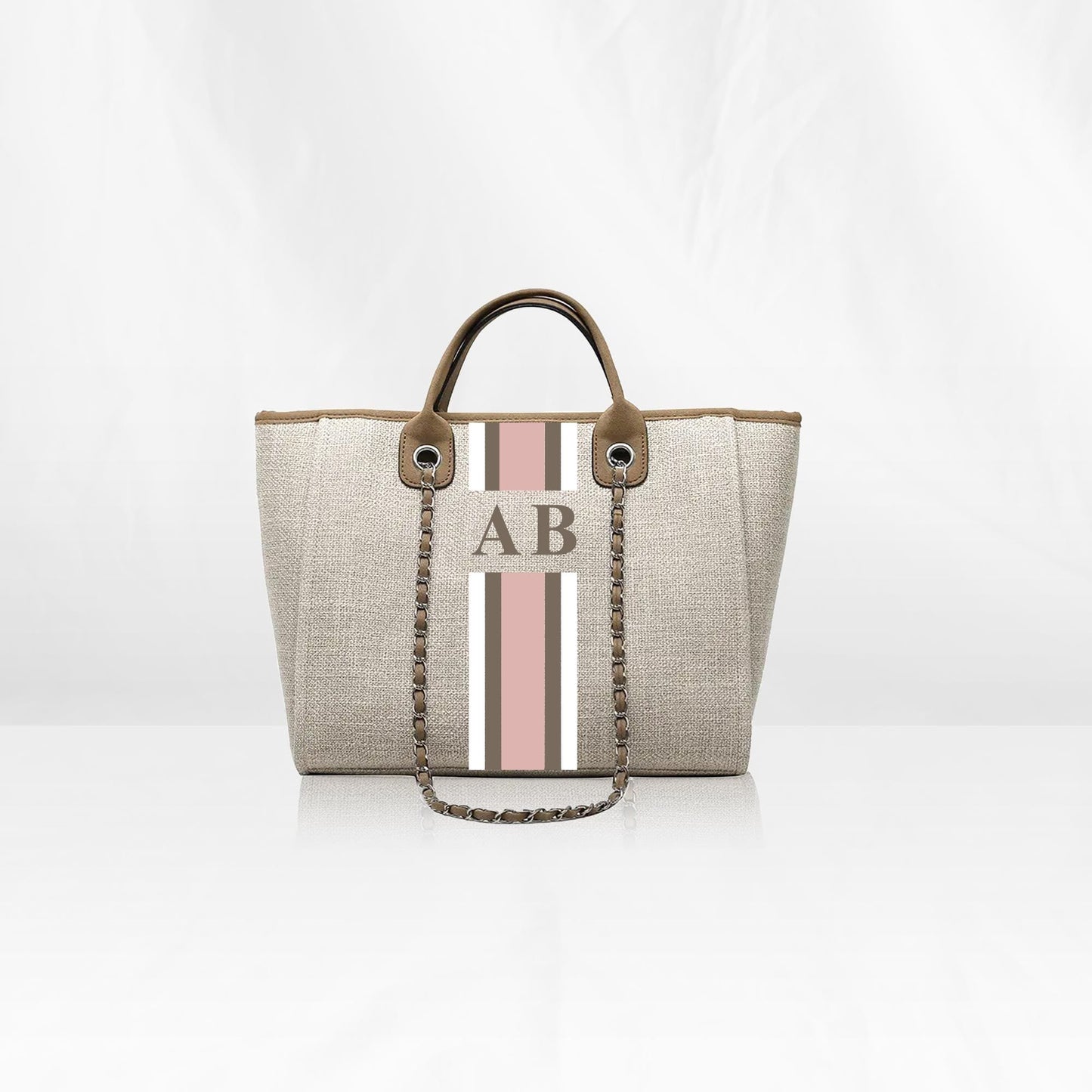 Beige Midi Canvas Tote with Pink, Brown, White Stripes