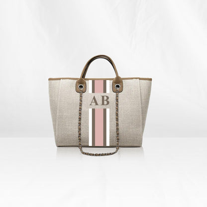 Beige Midi Canvas Tote with Pink, Brown, White Stripes