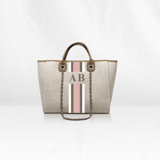 Beige Midi Canvas Tote with Pink, Brown, White Stripes