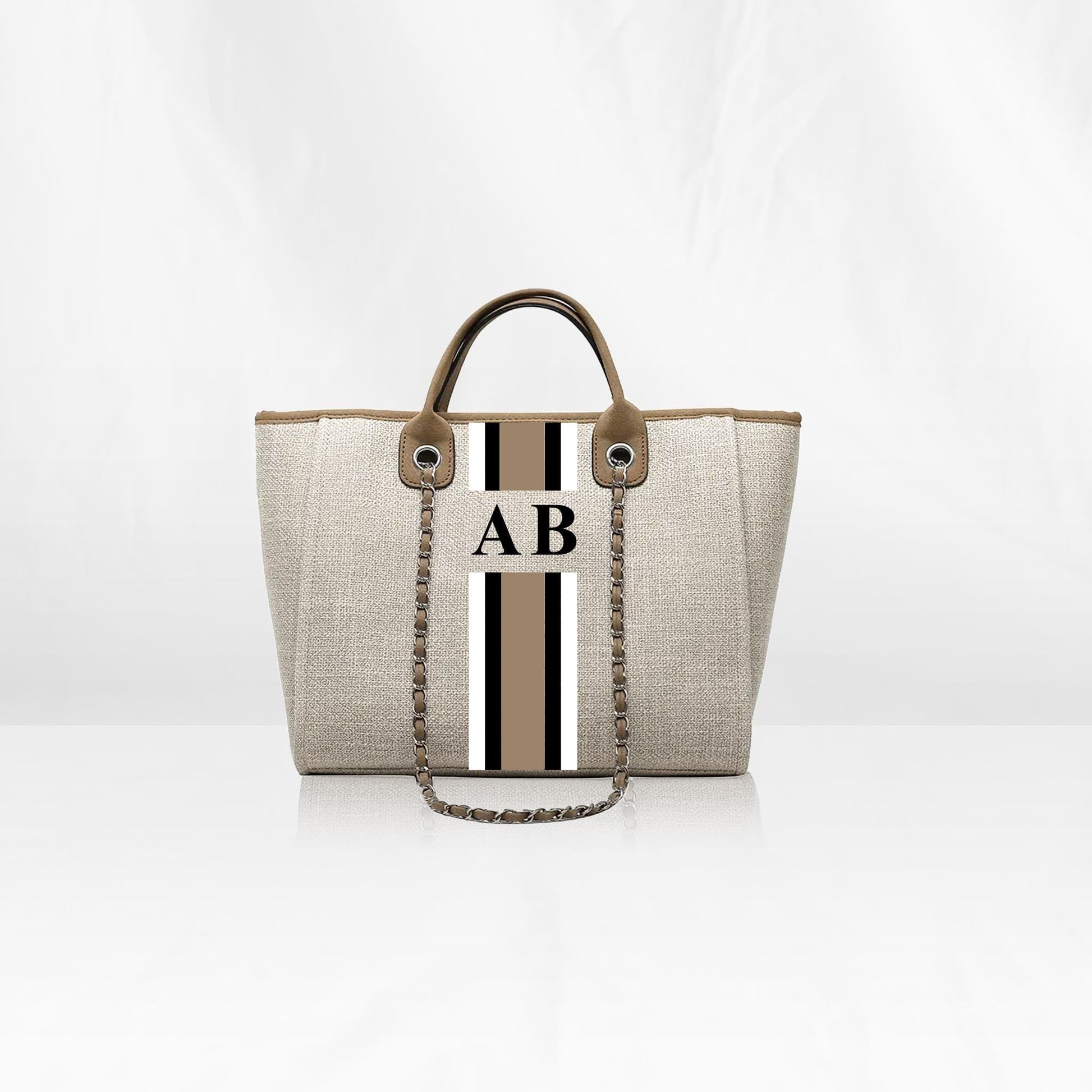 Beige Midi Canvas Tote with Brown, Grey, White Stripes