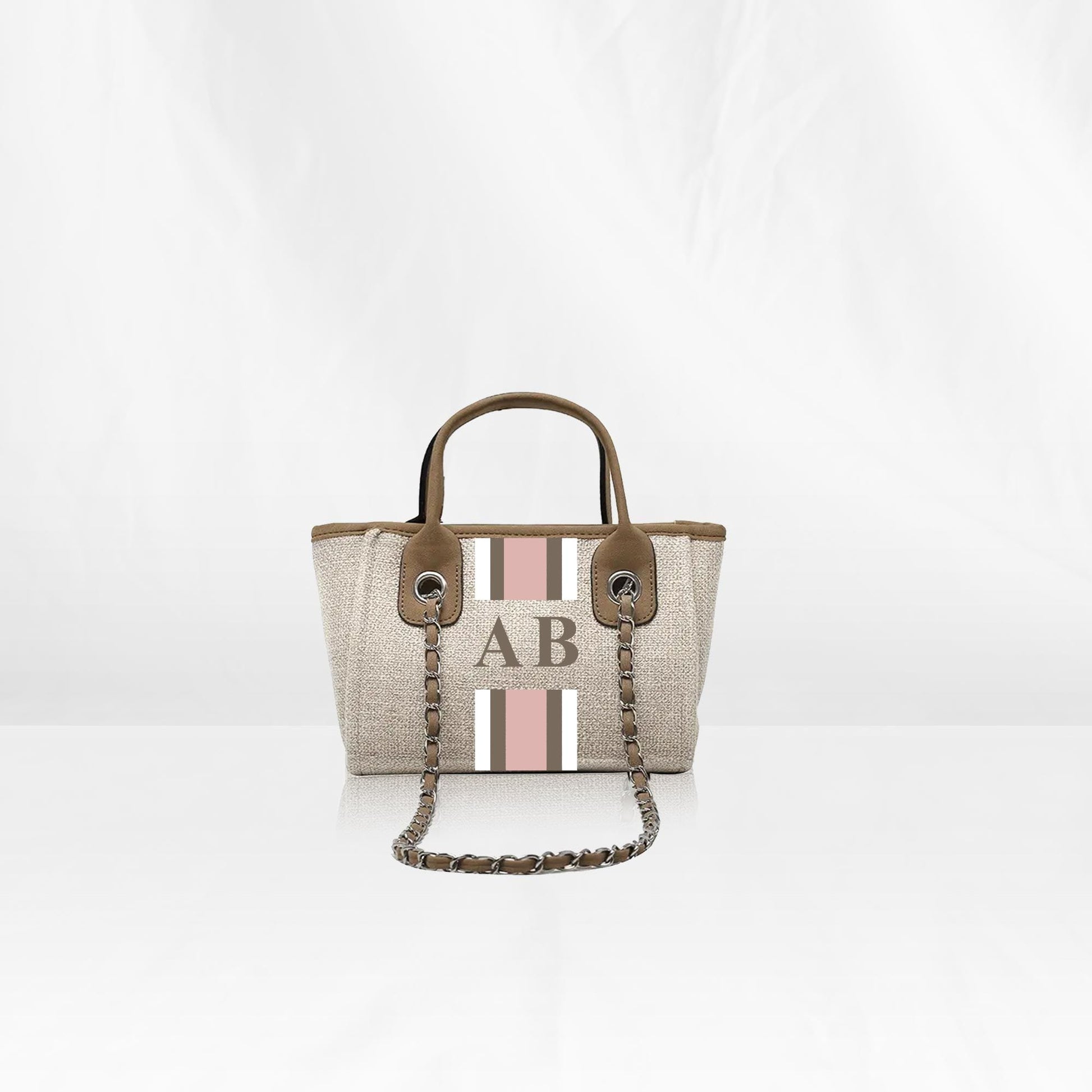 Beige Mini Canvas Tote with Pink, Brown, White Stripes